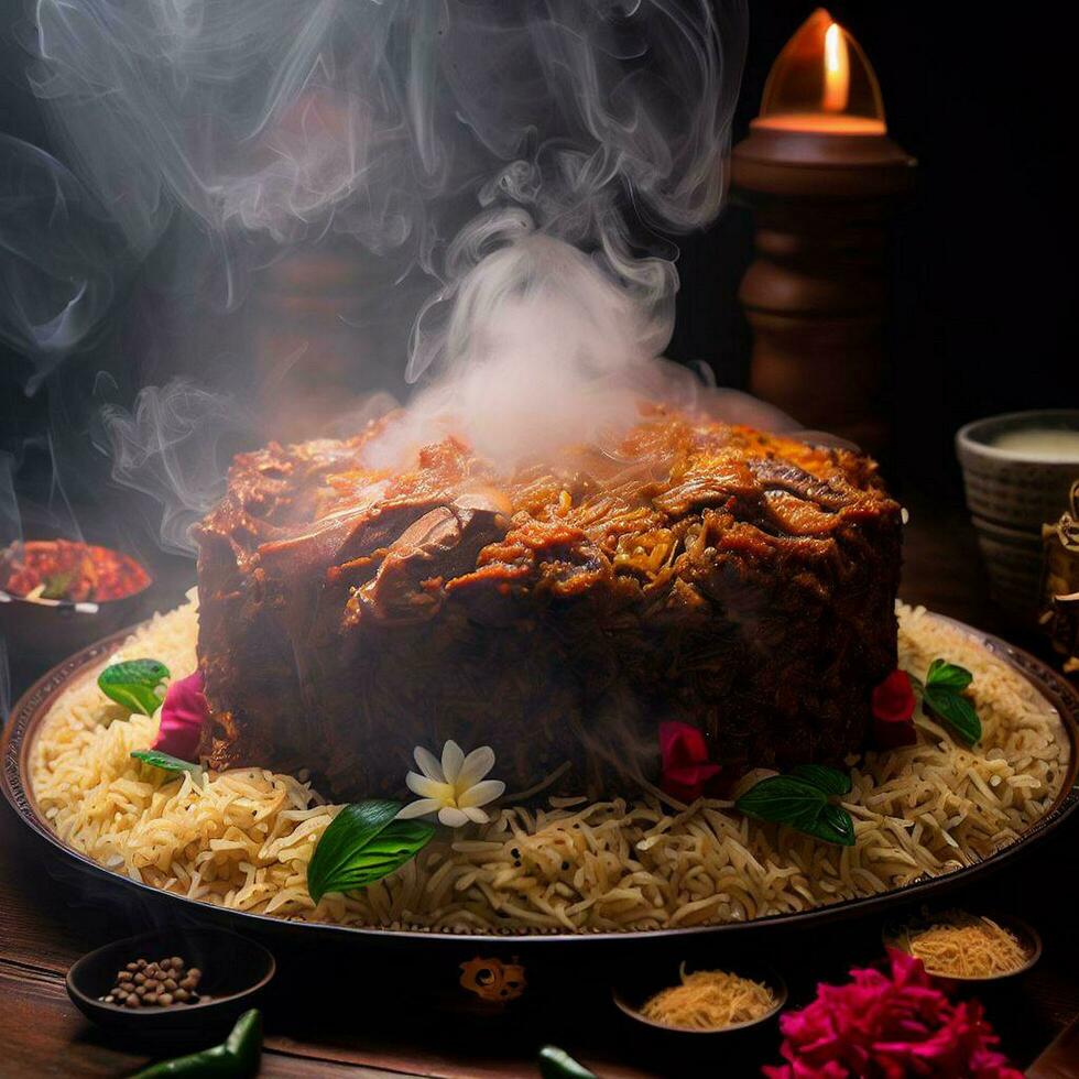 A Mouthwatering Biryani with Basmati Rice that was Absolutely Delicious by Generative AI photo