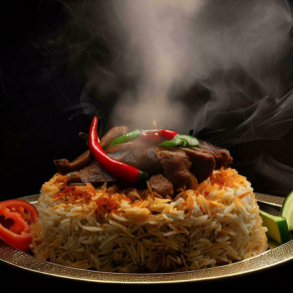 A Mouthwatering Biryani with Basmati Rice that was Absolutely Delicious by Generative AI photo
