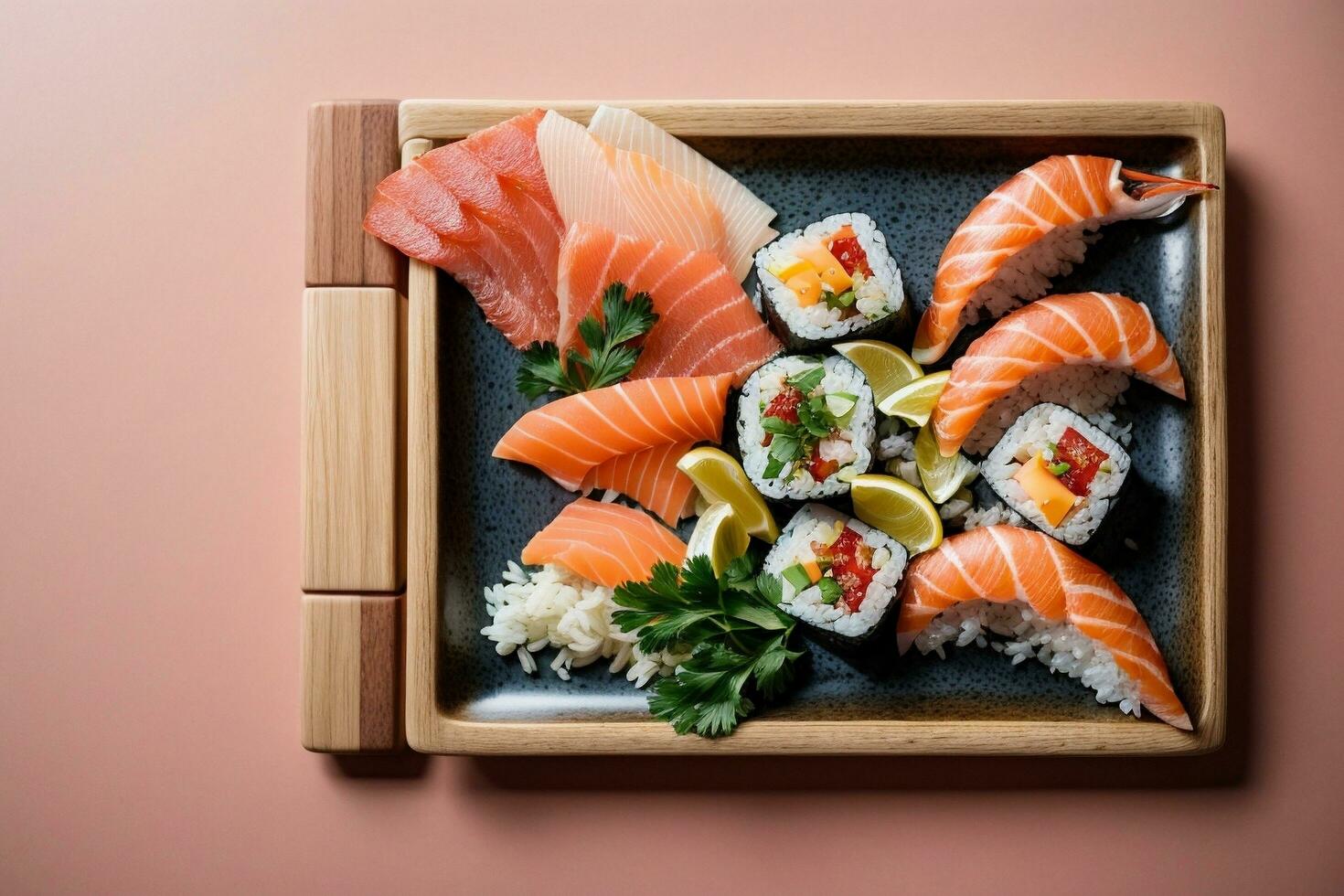 Gourmet Fresh Seafood Plate with Sushi Sashimi and Wasabi by Generative AI photo