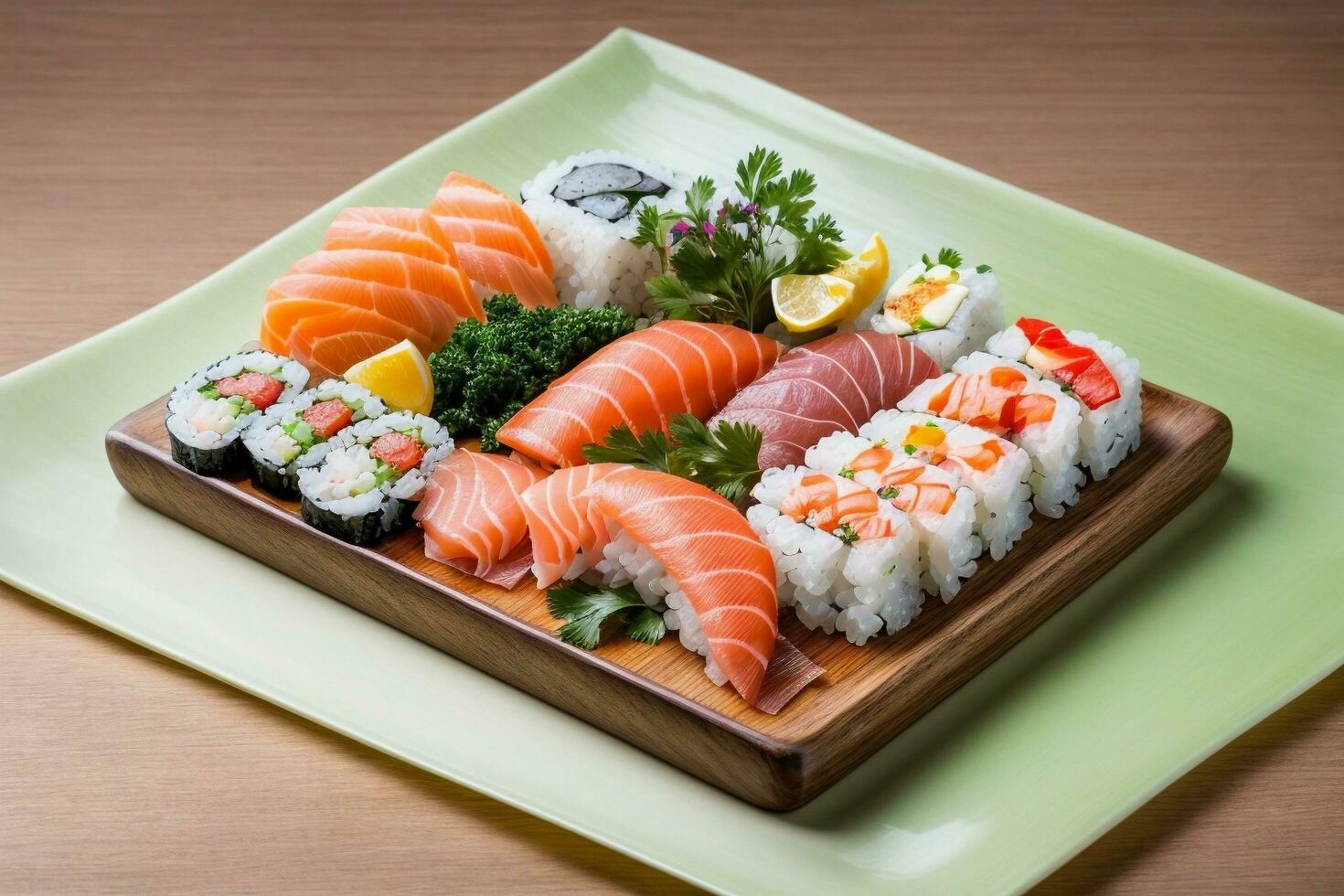 Gourmet Fresh Seafood Plate with Sushi Sashimi and Wasabi by Generative AI photo