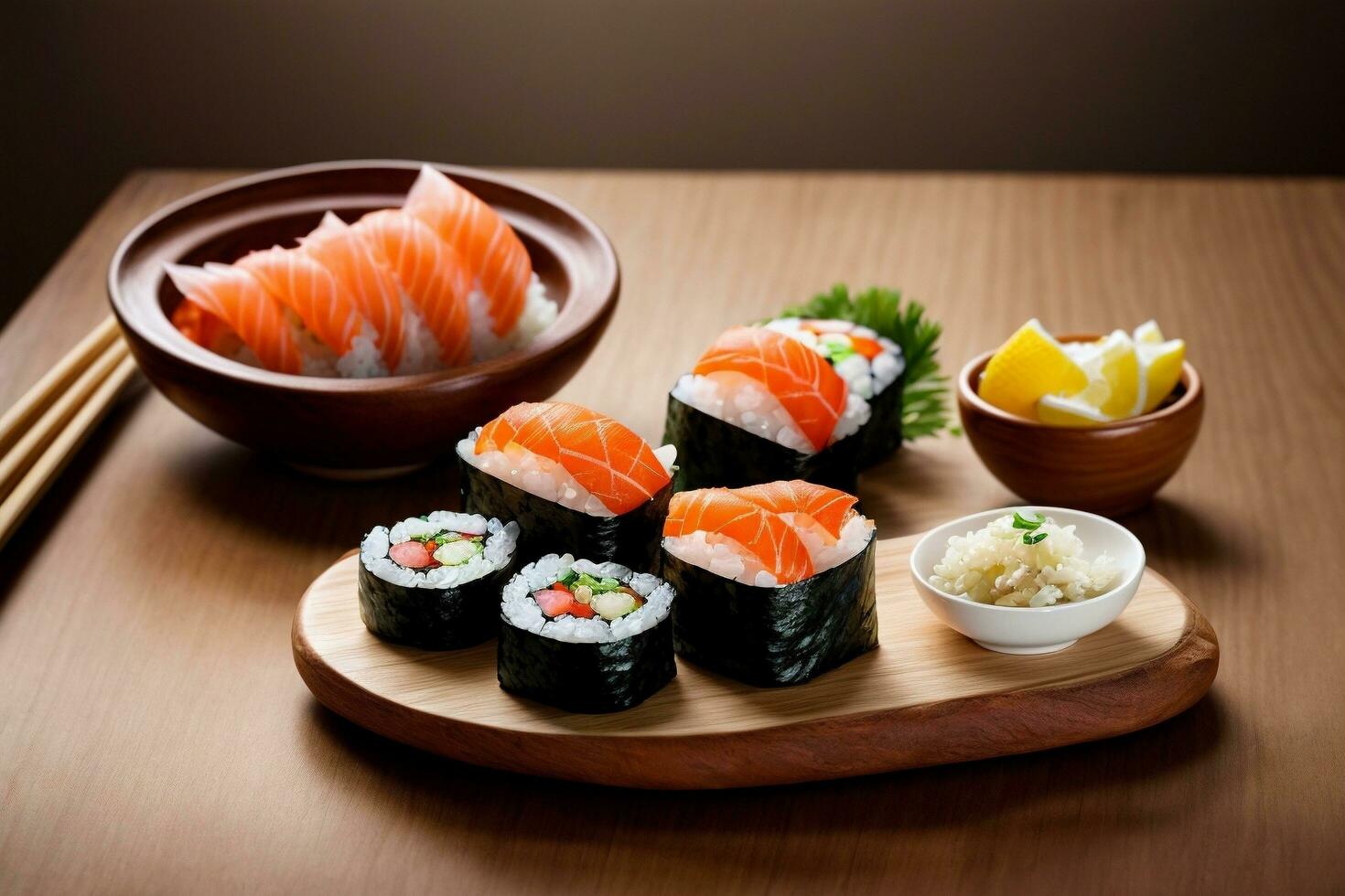 Mouthwatering Seafood Delight with Sushi, Sashimi and Wasabi by Generative AI photo