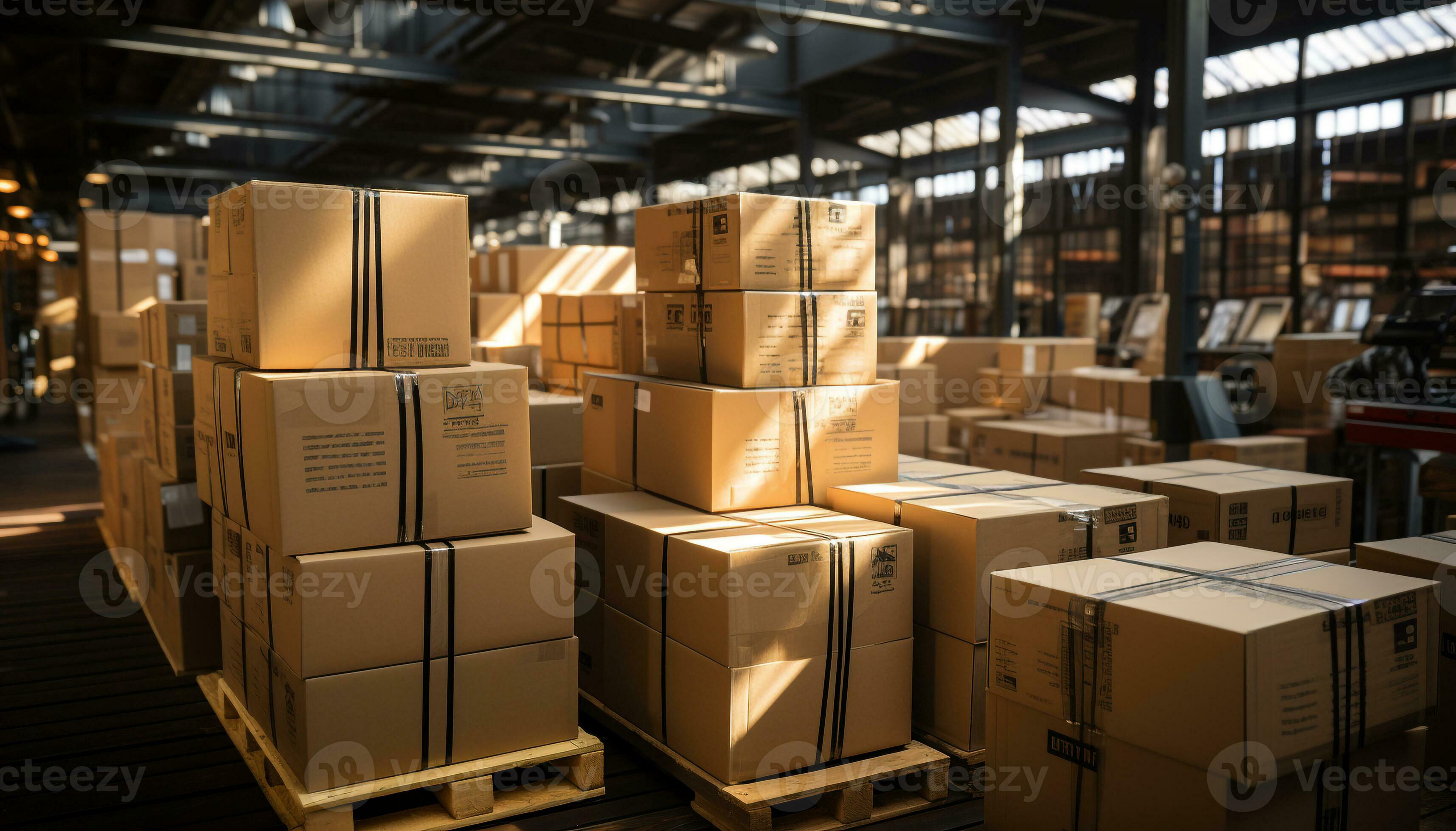 Large warehouse storing cardboard boxes for shipping and distribution