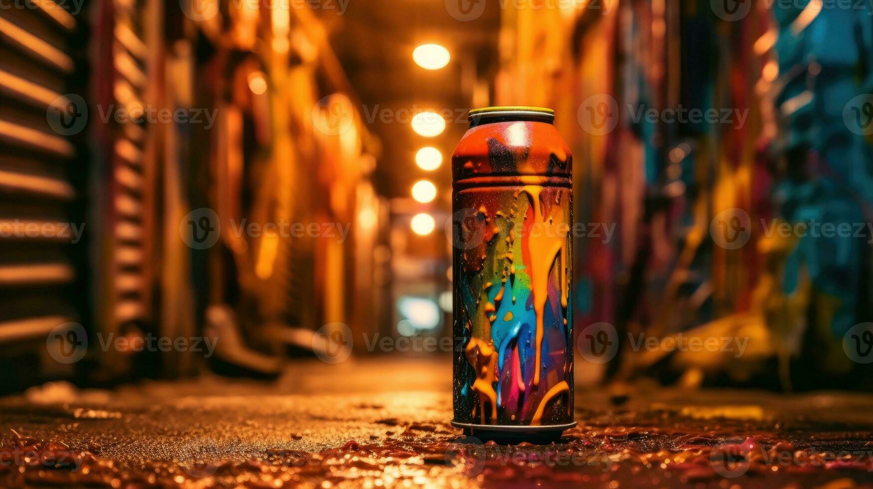 A spray paint can in an alley covered with paints Generative ai photo