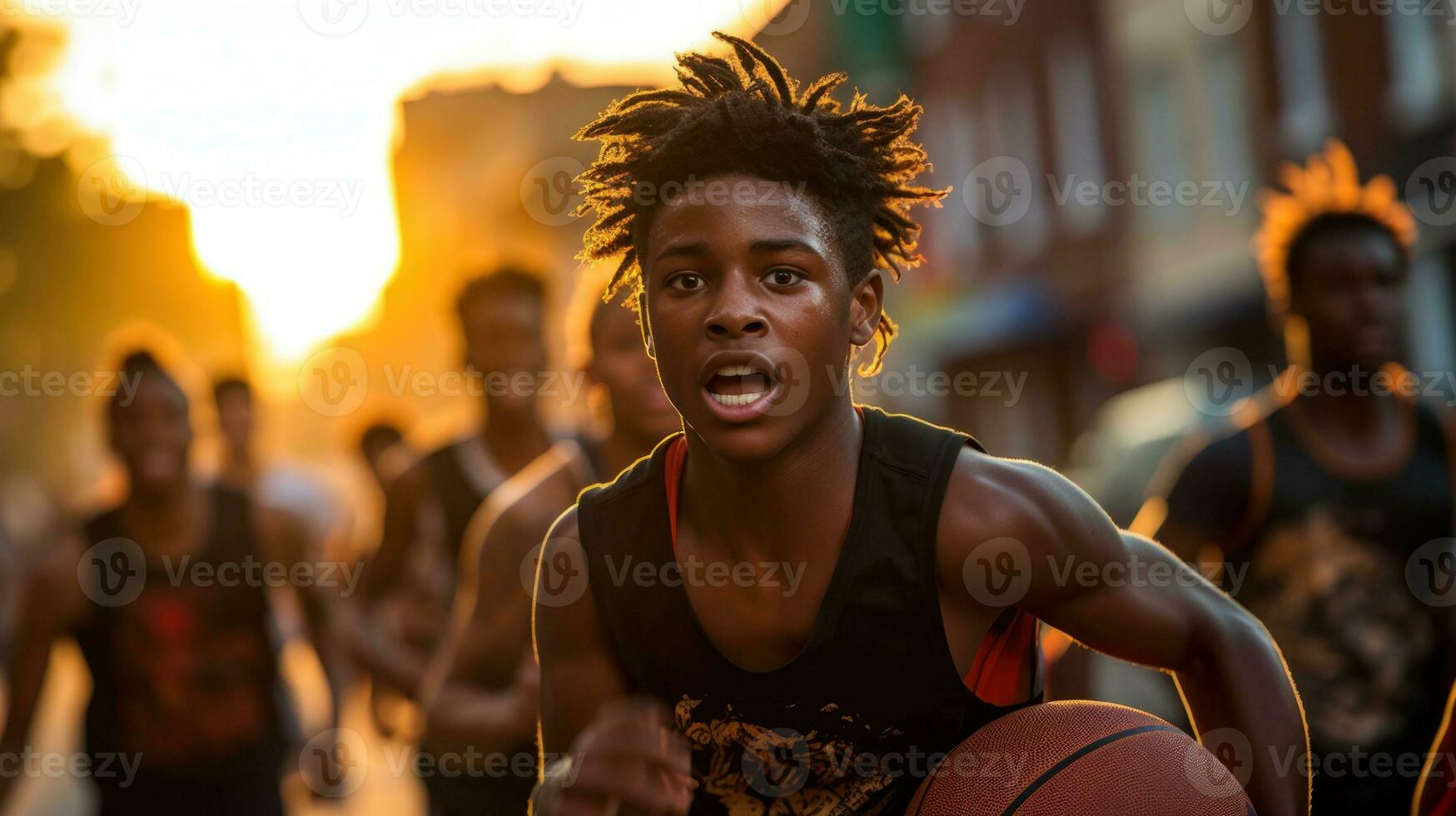 joven personas jugando baloncesto en el calle. generativo ai foto