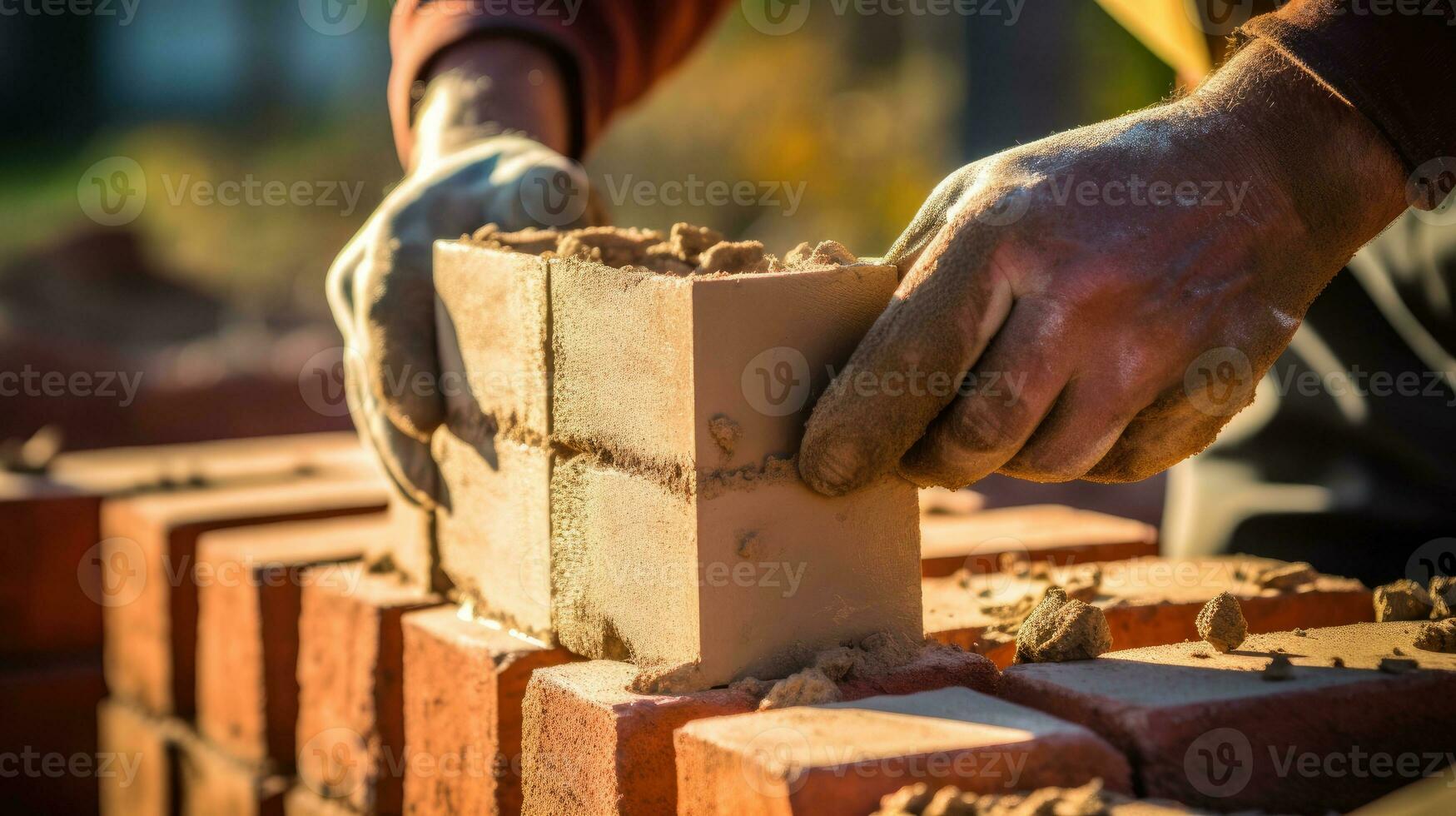 un trabajador edificio un ladrillo pared. generativo ai foto