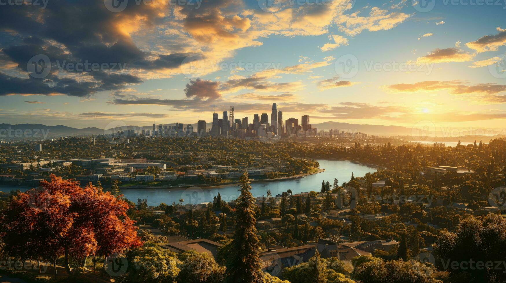 A long shot of a city skyline, bathed in the warm glow of sunset. Generative AI photo