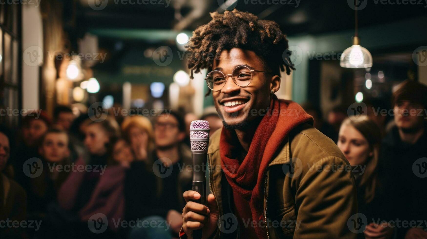 A singer singing in an underground bar. Generative AI photo