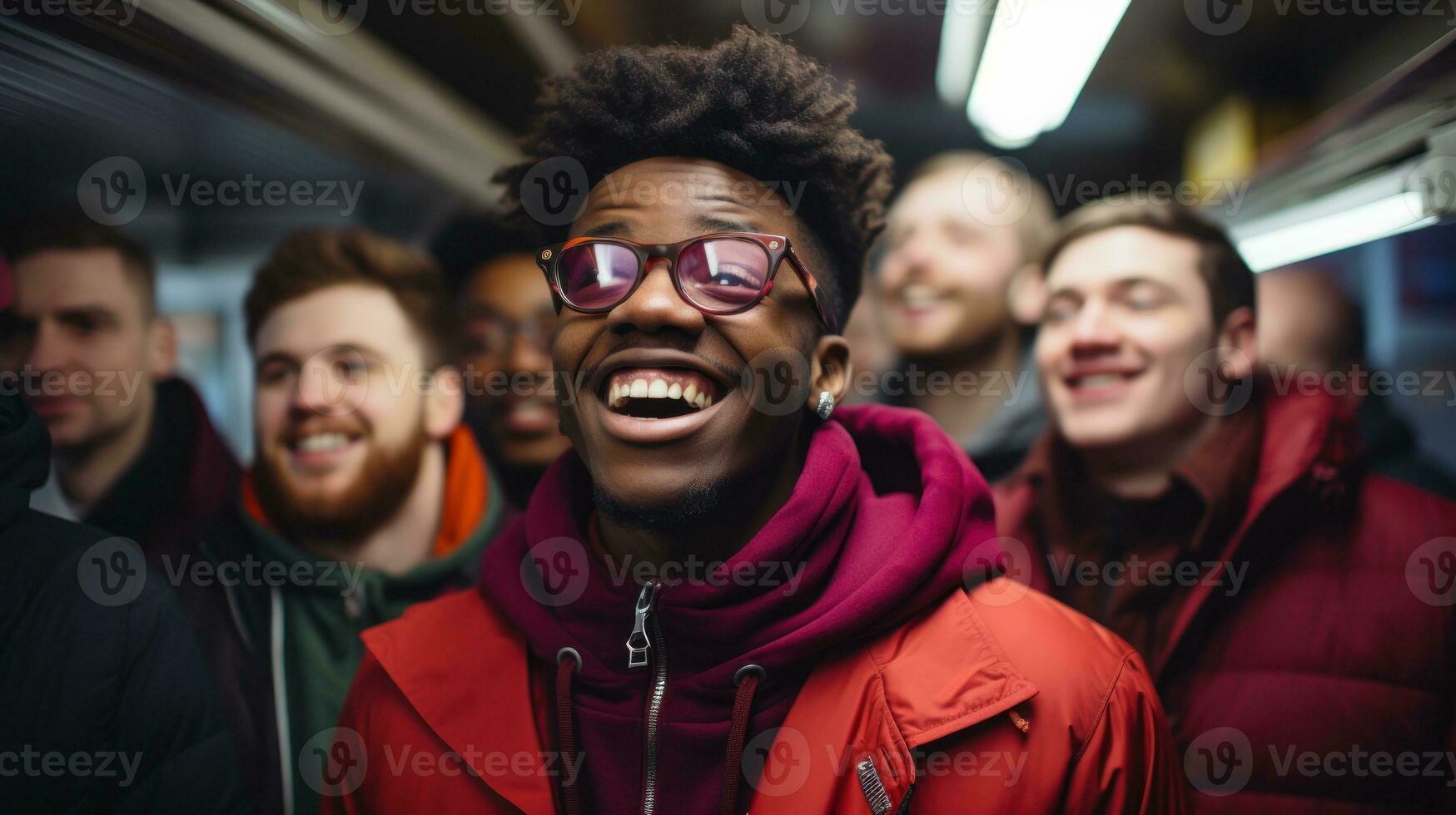 Group of people listening to stand up in a bar and laughing. Generative AI photo