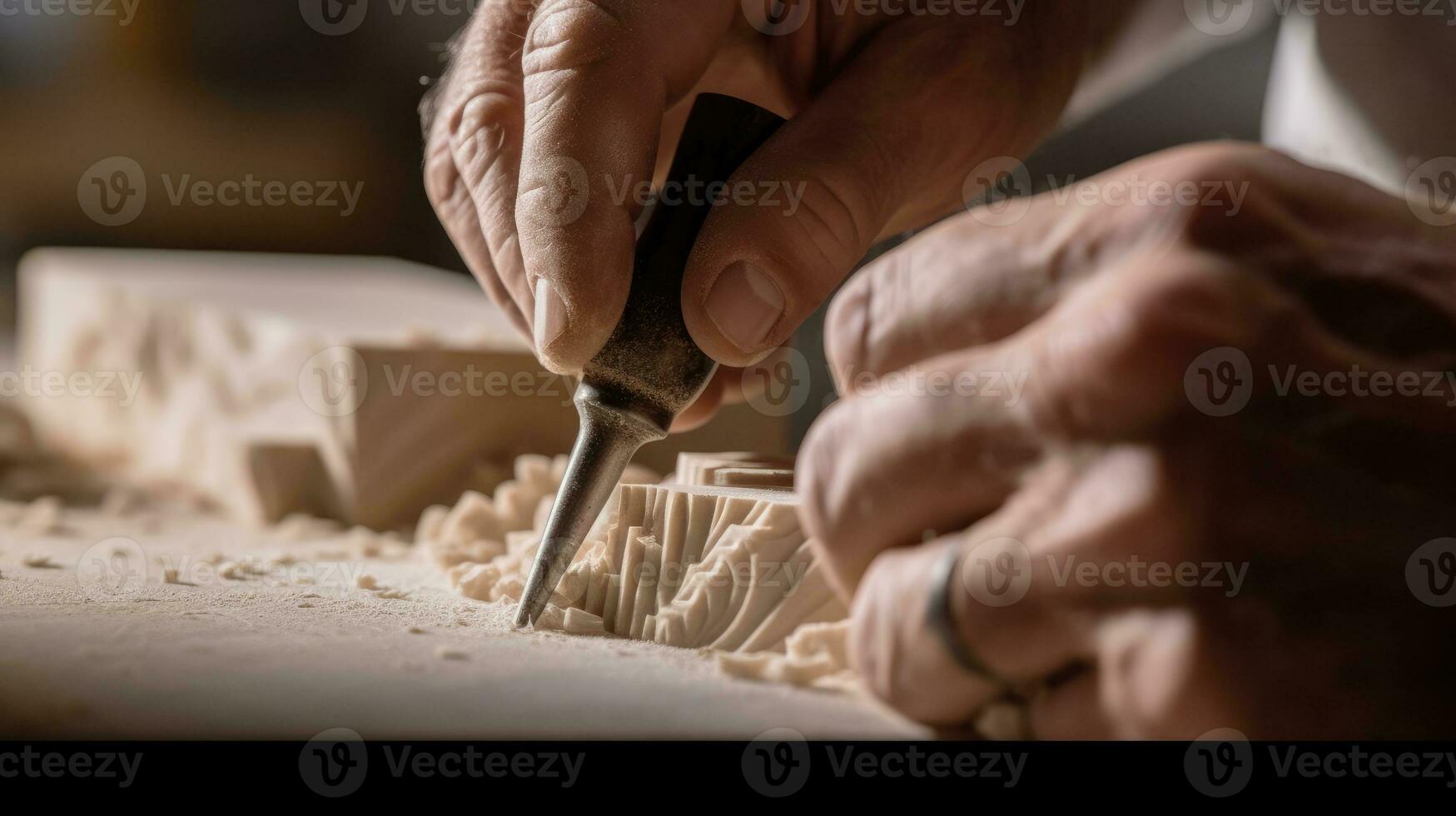 Close-up of a sculptor's hands carving marble. Generative AI photo