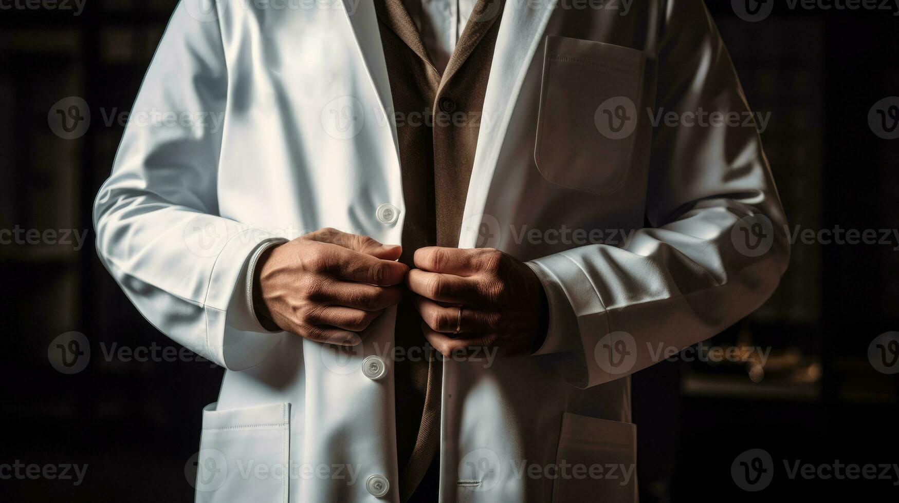 de cerca Disparo de un médico en un blanco abrigo. generativo ai foto