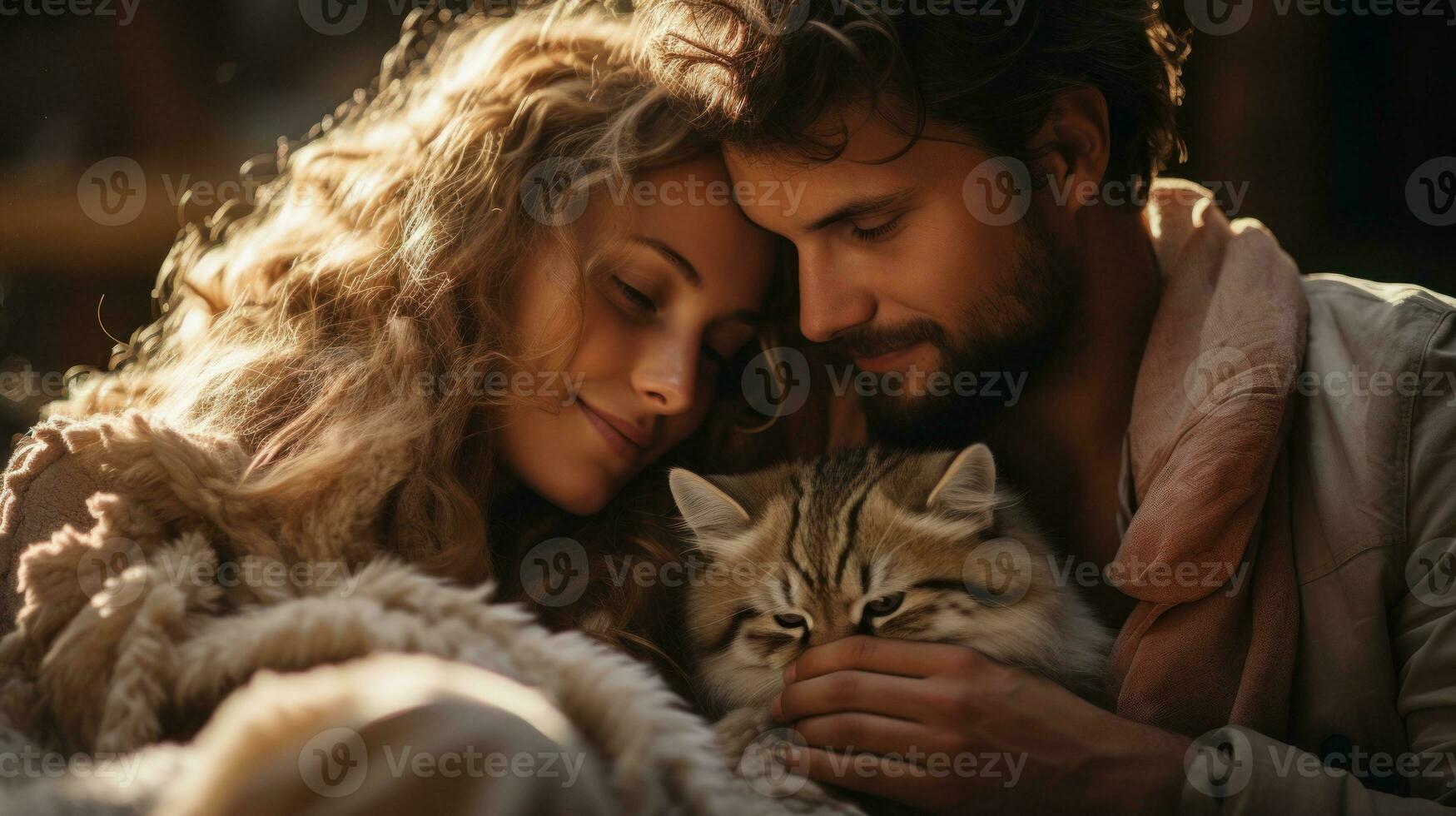 A couple hugging their cat. Generative AI photo