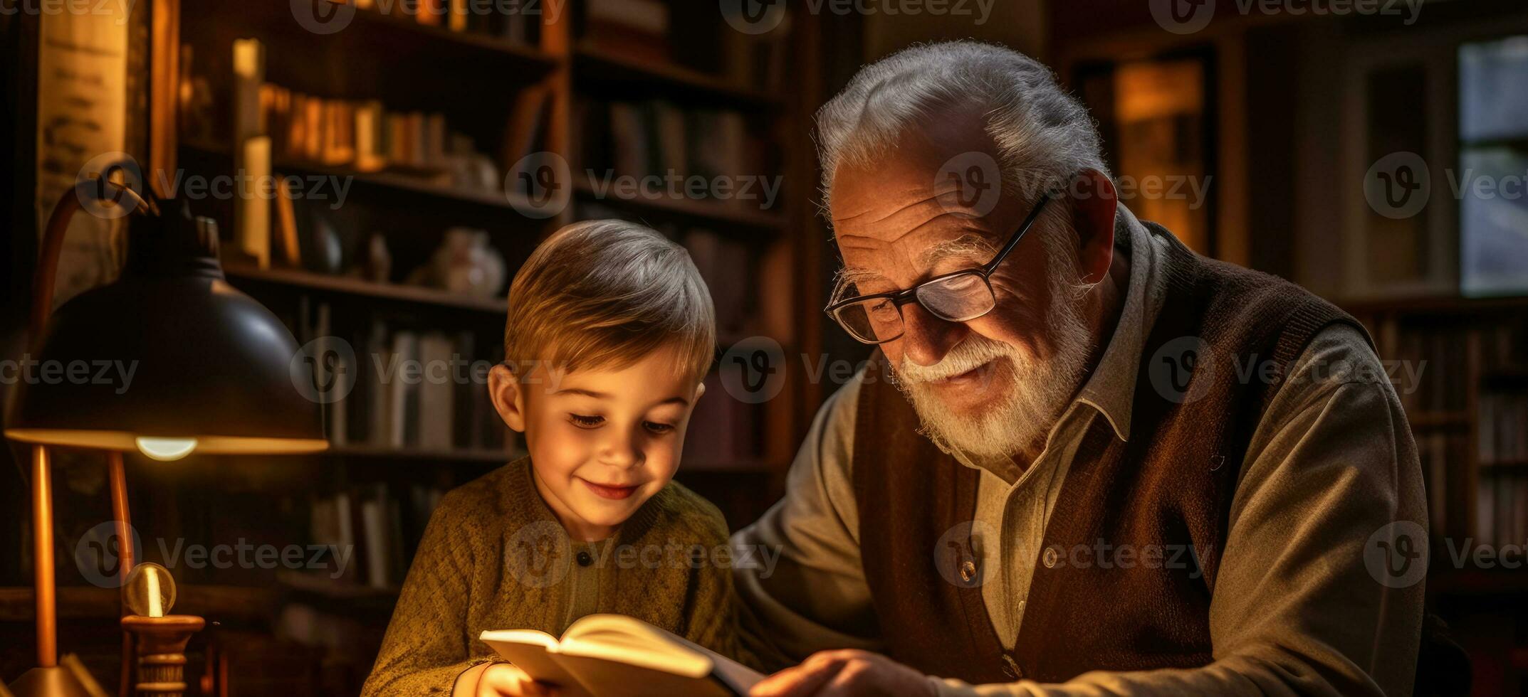 Little boy with his grandfather reading a book. Generative AI photo