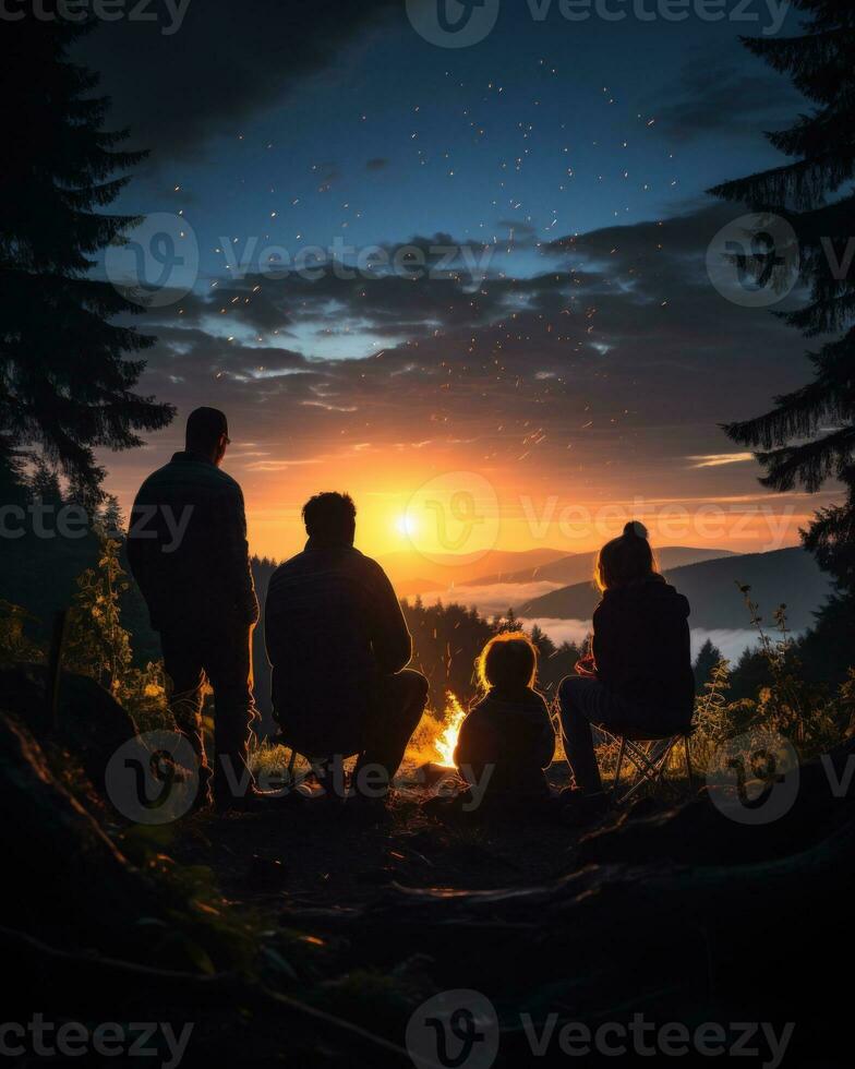 A family sitting around a campfire at dusk. Generative AI photo