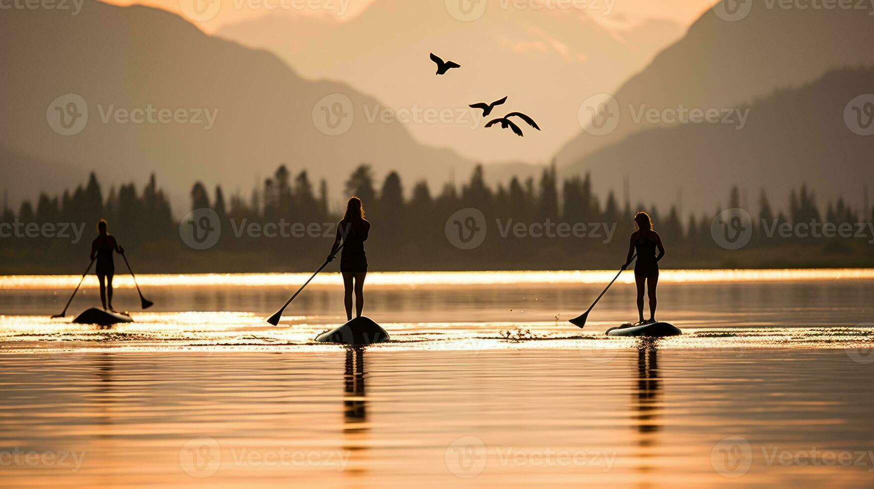 People paddling a canoe on a calm lake at sunset. Generative AI photo