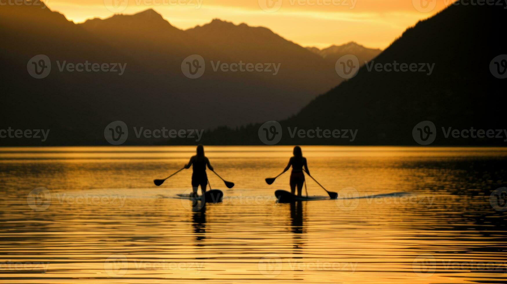 People paddling a canoe on a calm lake at sunset. Generative AI photo