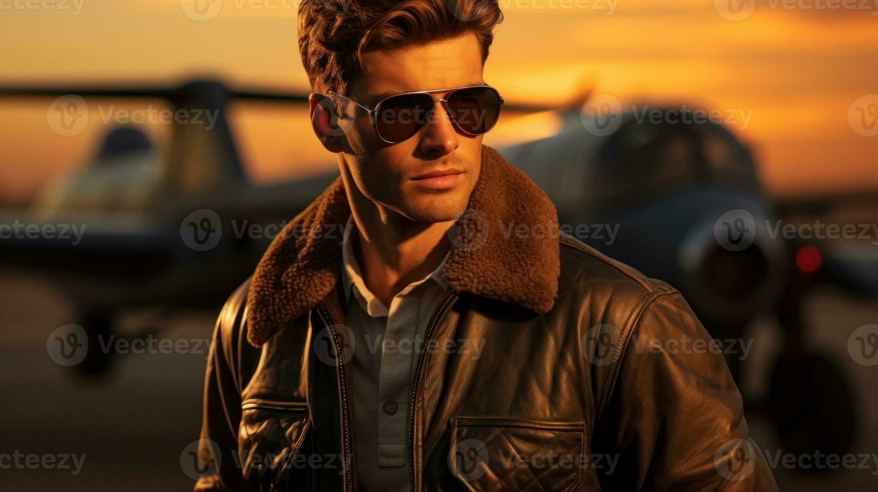 Aviator in a bomber jacket with pilot goggles.. Generative AI photo