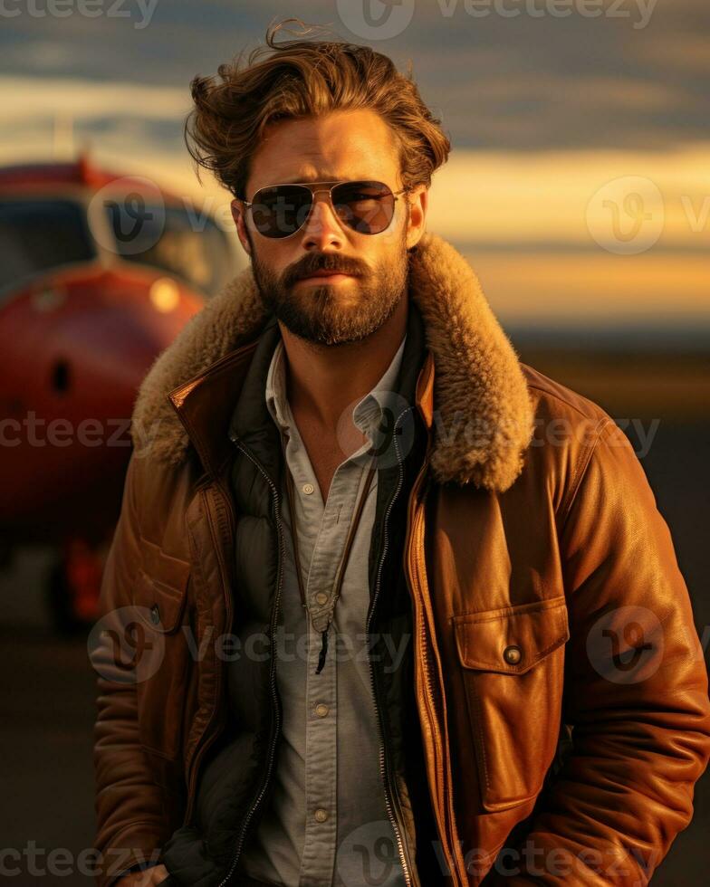Aviator in a bomber jacket with pilot goggles.. Generative AI photo