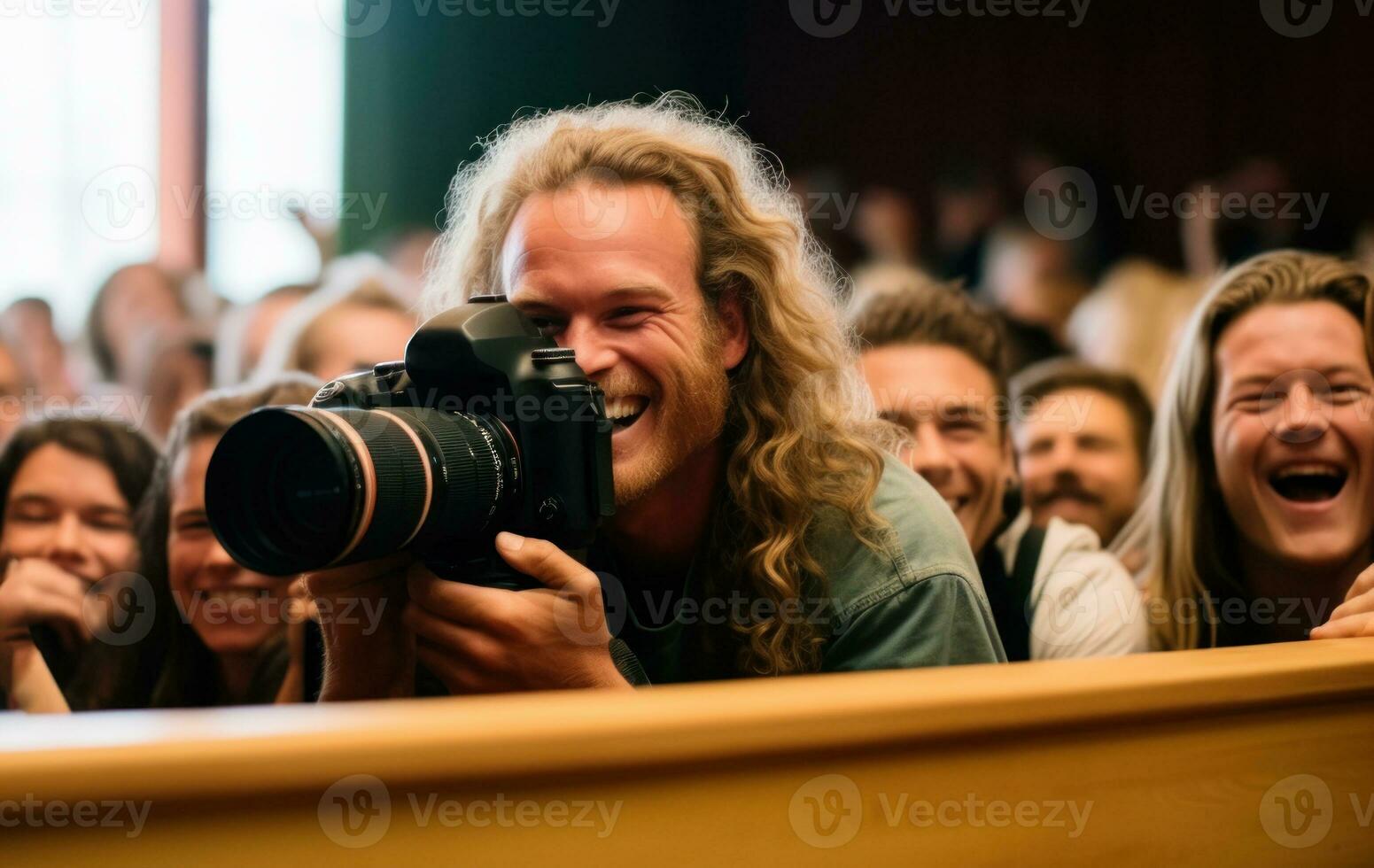 Photographer taking pictures of a demonstration in the crowd. Generative AI photo