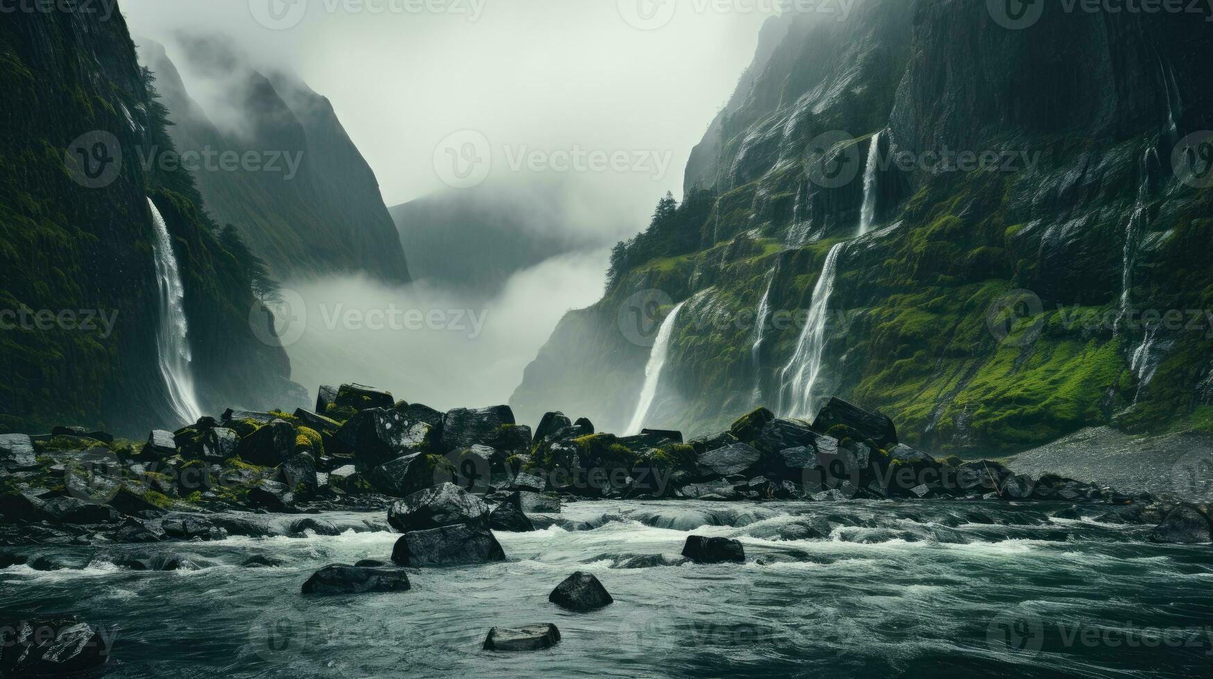 A thunderous waterfall cascading down a rugged mountain face, the mist creating a dreamy haze.. Generative AI photo