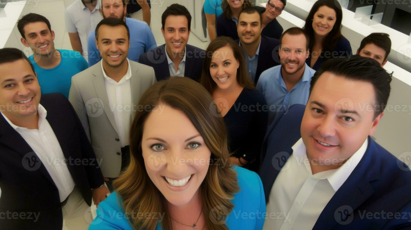 Business people taking selfies at work. Generative AI photo