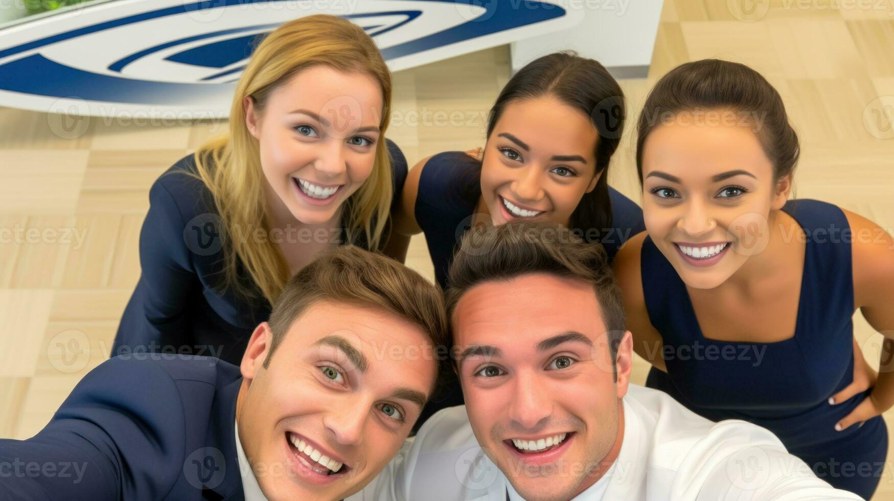 Business people taking selfies at work. Generative AI photo