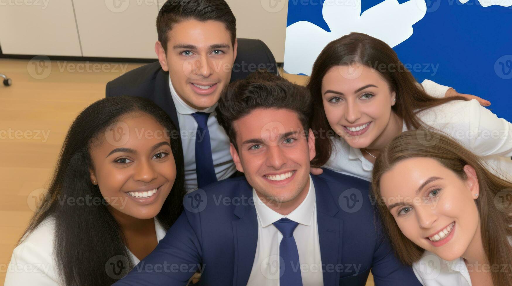 Business people taking selfies at work. Generative AI photo