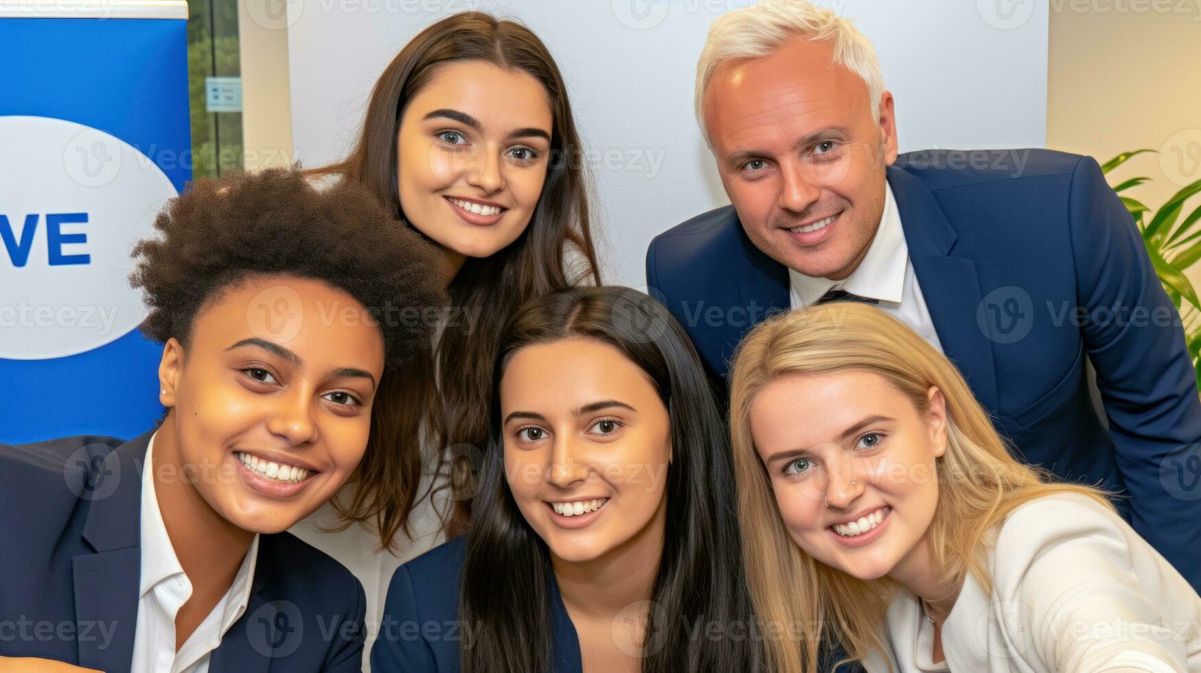 Business people taking selfies at work. Generative AI photo