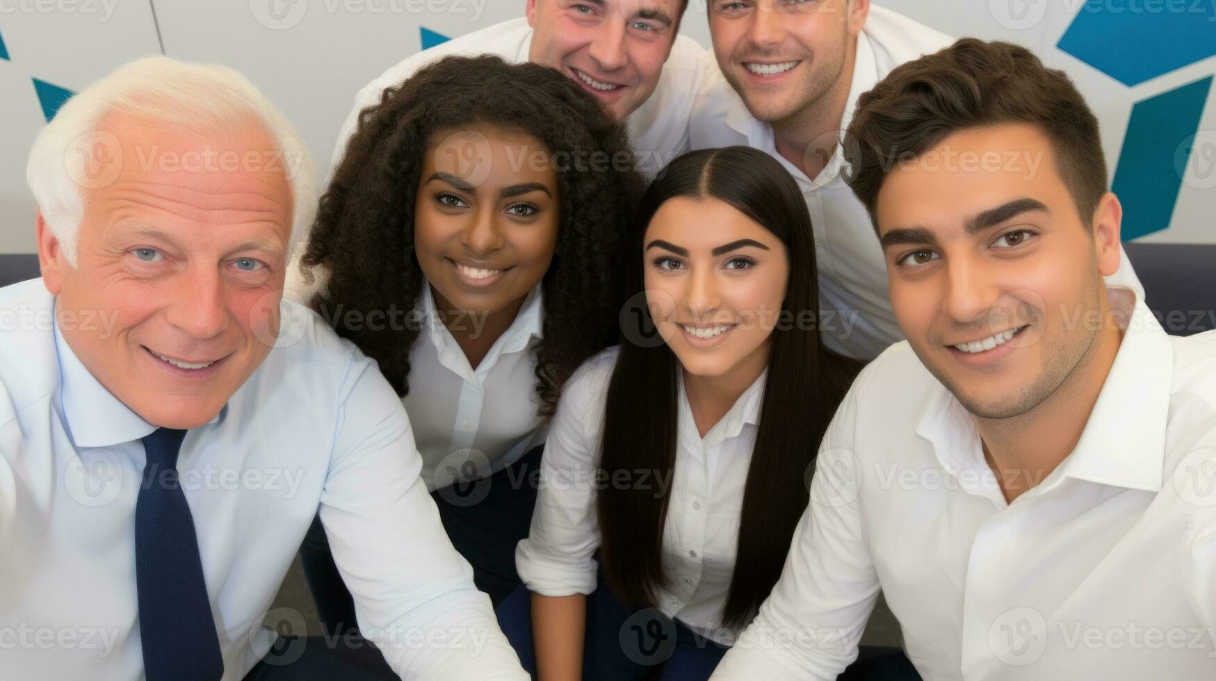 Business people taking selfies at work. Generative AI photo