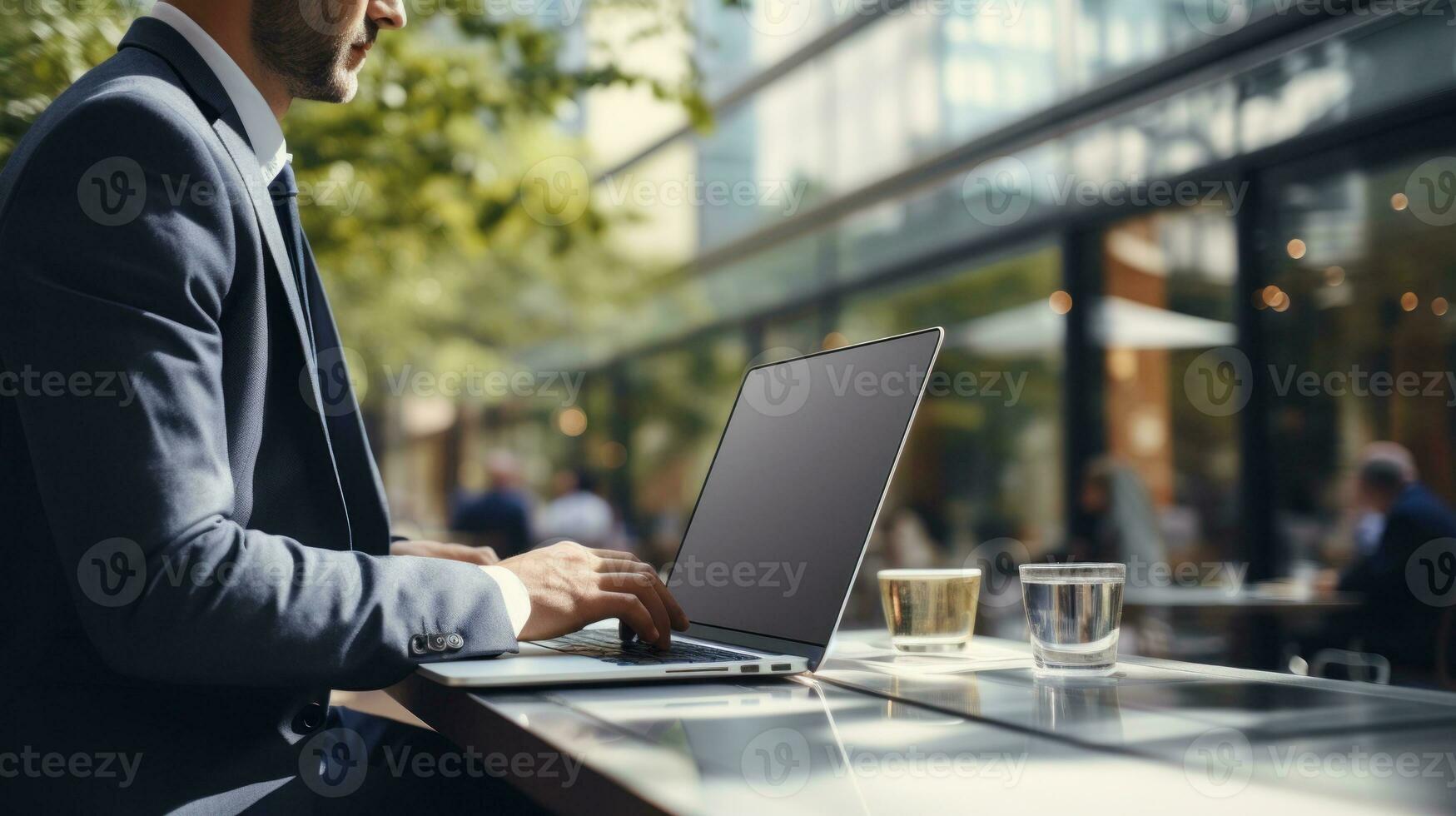 Businessman working outdoors with laptop. Generative AI photo