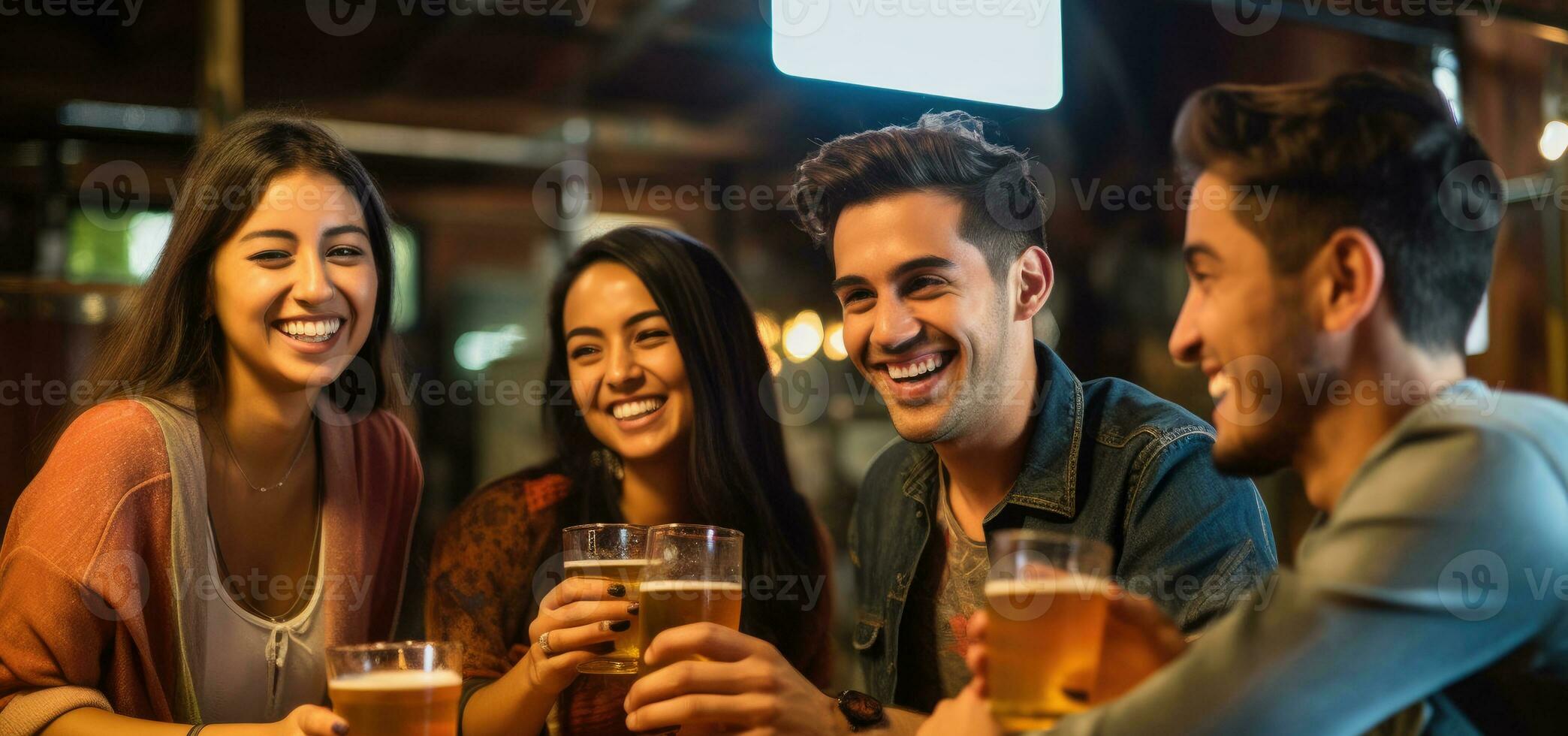 Group of cheerful friends with beers at the bar. Generative AI photo
