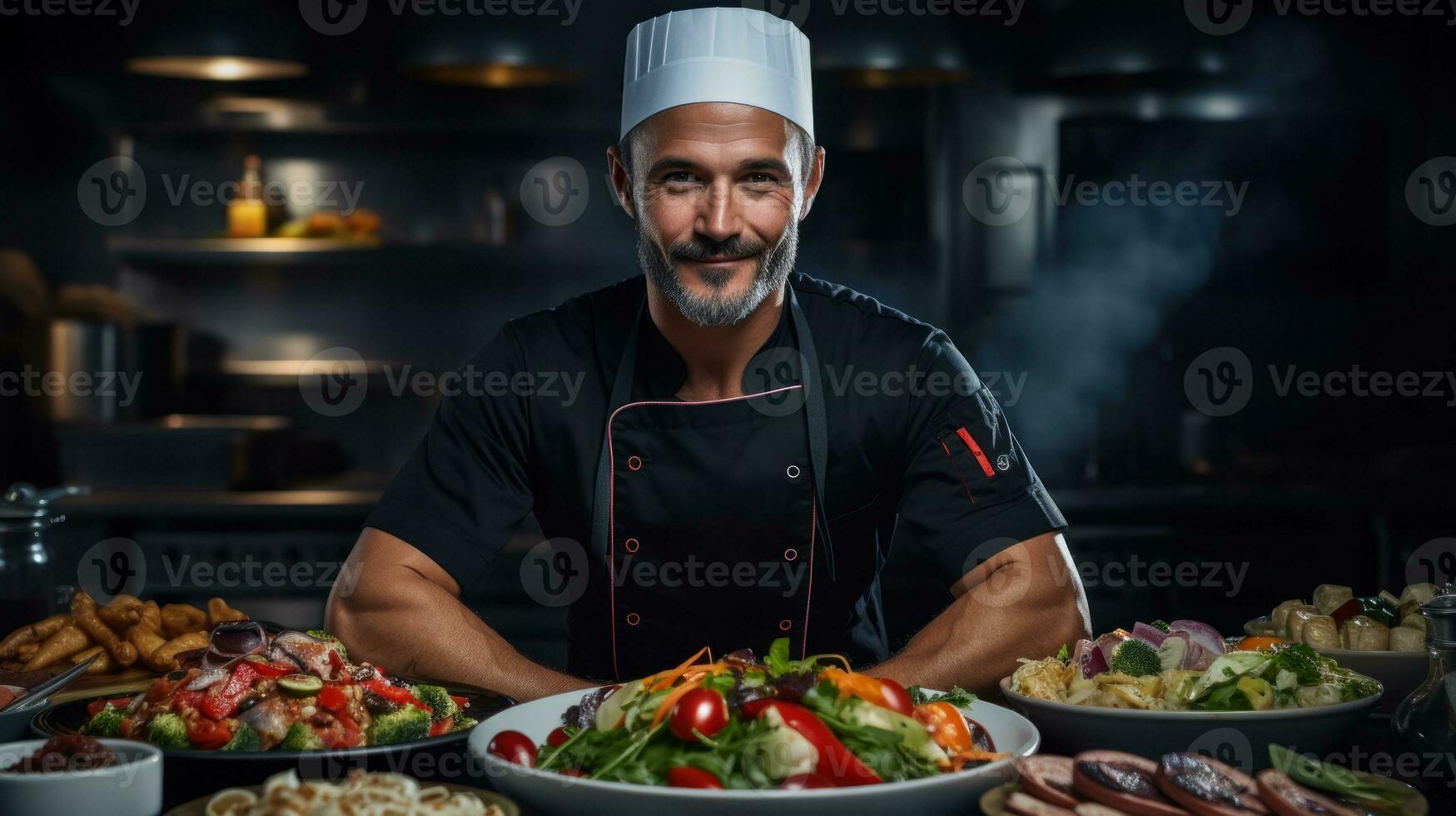 Chef posing with his dinner plate. Generative AI photo