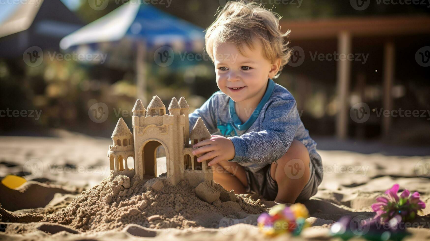 Child building a detailed sandcastle in a playground sandbox. Generative AI photo