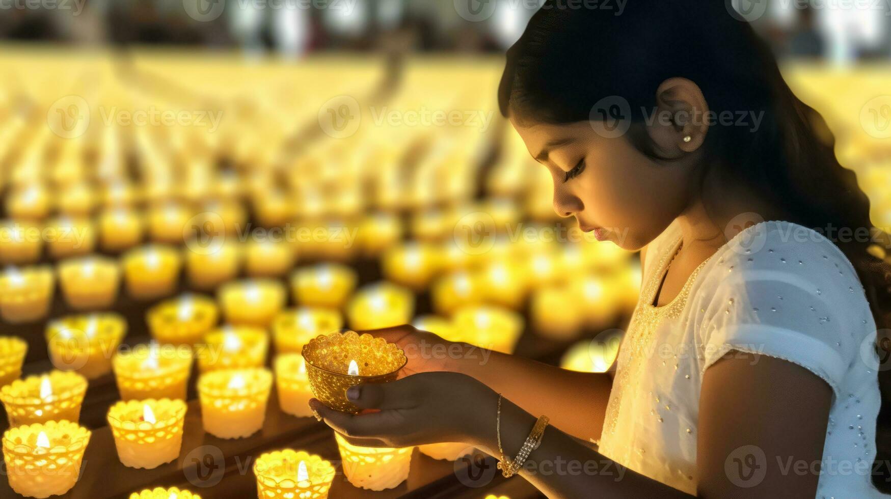 The little girl performs her religious ritual with the candle she holds in her hand.. Generative AI photo
