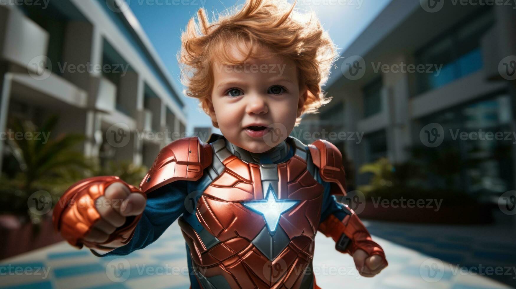 Little boy in a superhero costume. Generative AI photo