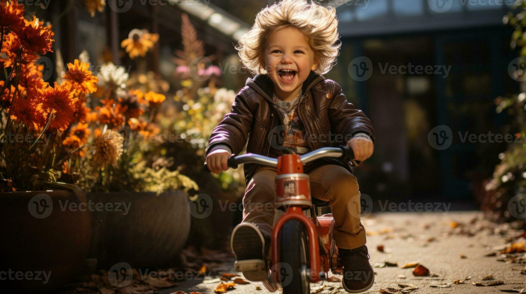 Child riding a tricycle on a sunlit garden path.. Generative AI photo