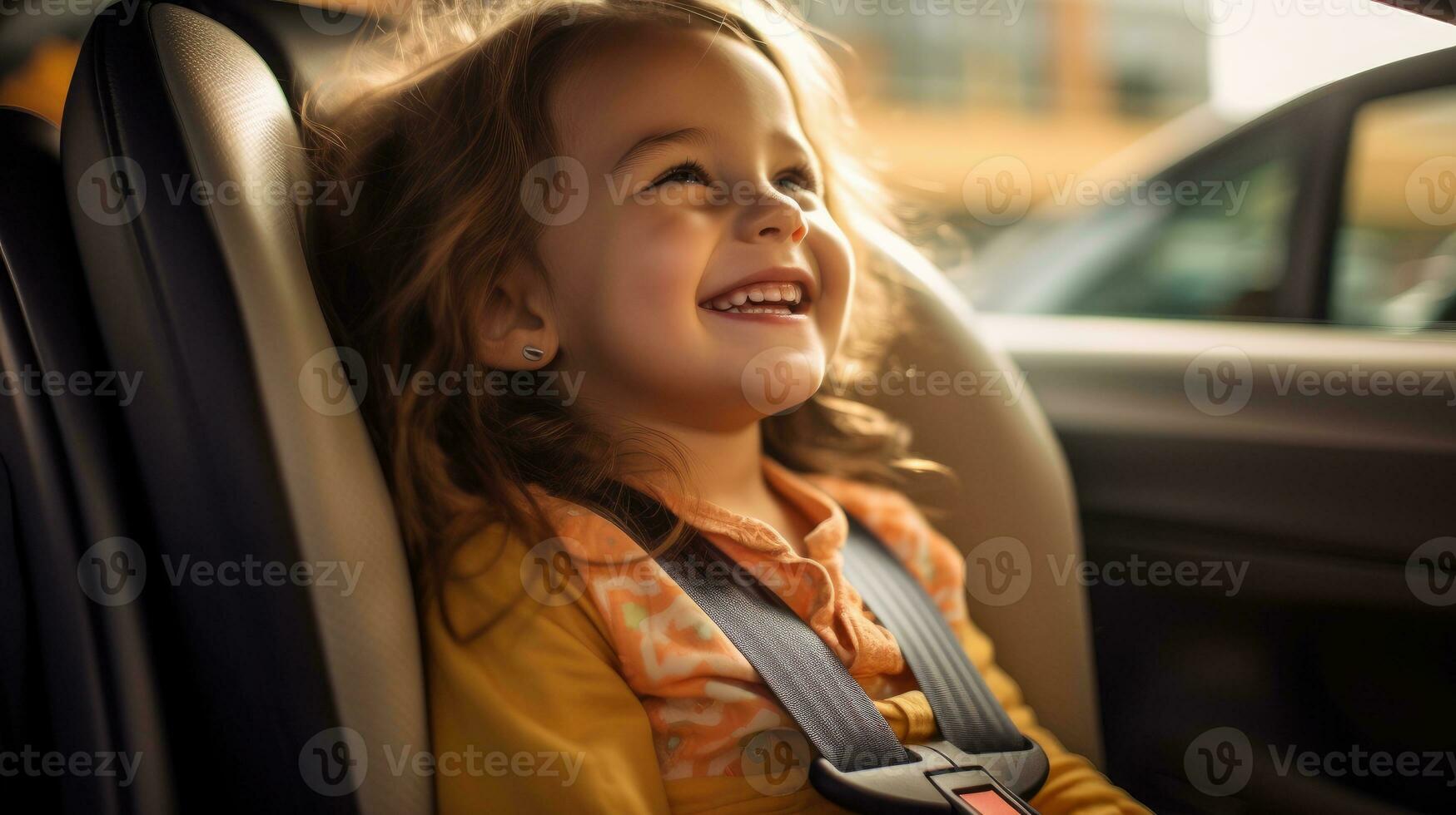 pequeño cariñoso niño viajes sin peligro en el coche asiento a el espalda de el vehículo. generativo ai foto