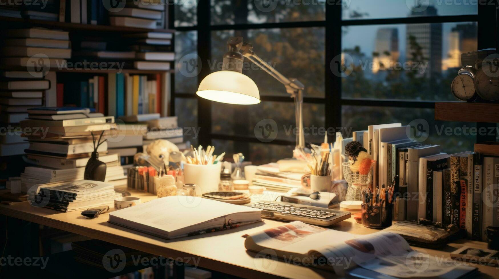 A work room with a desk and lots of books. Generative AI photo