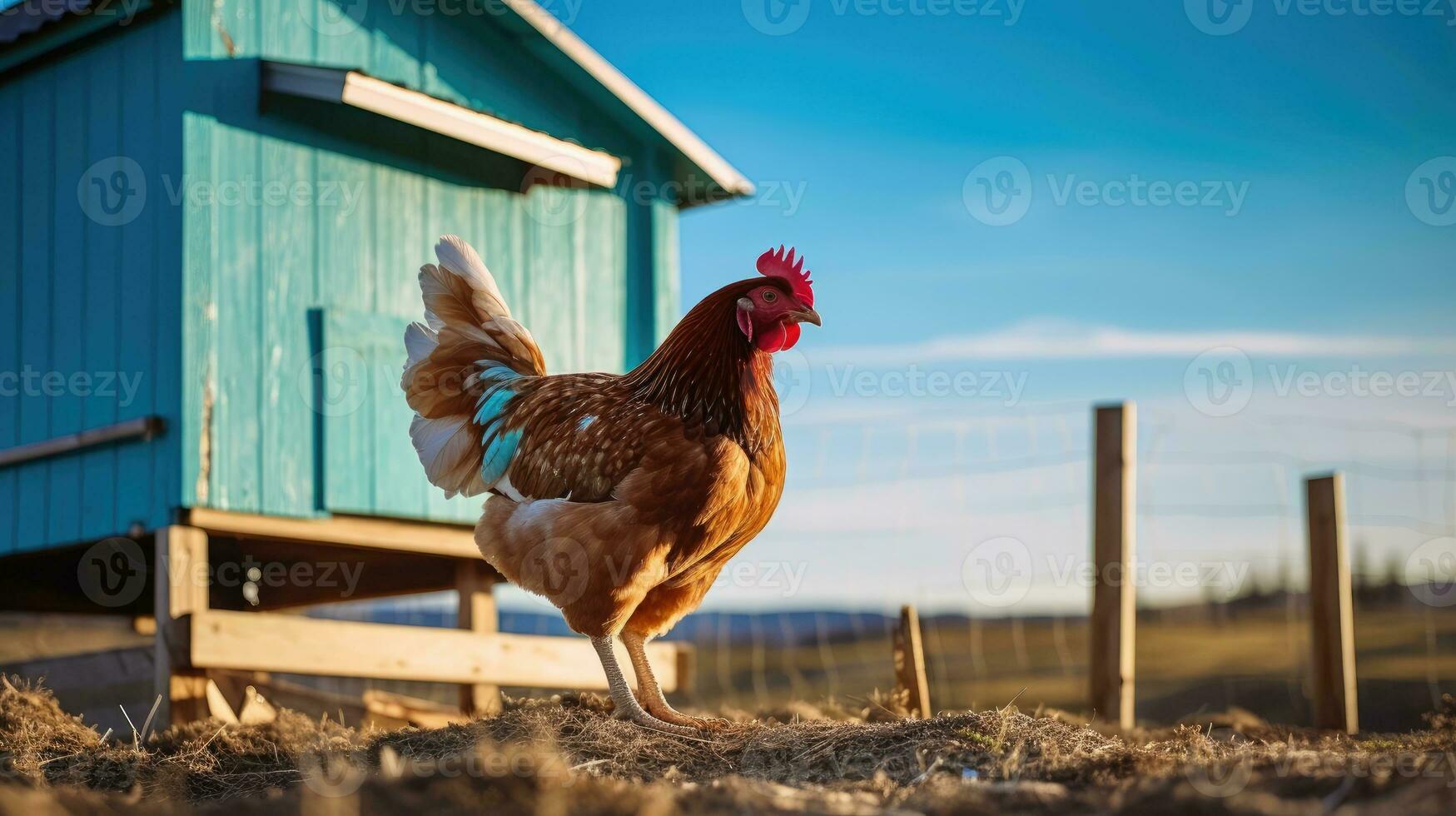 pollos en pie en frente de pollo cooperativa. generativo ai foto