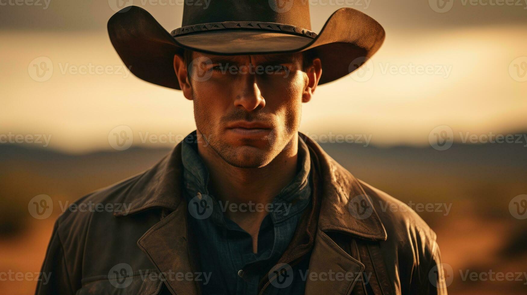 vaquero en un mezclilla camisa, cuero muchachos, y un de ala ancha sombrero.. generativo ai foto