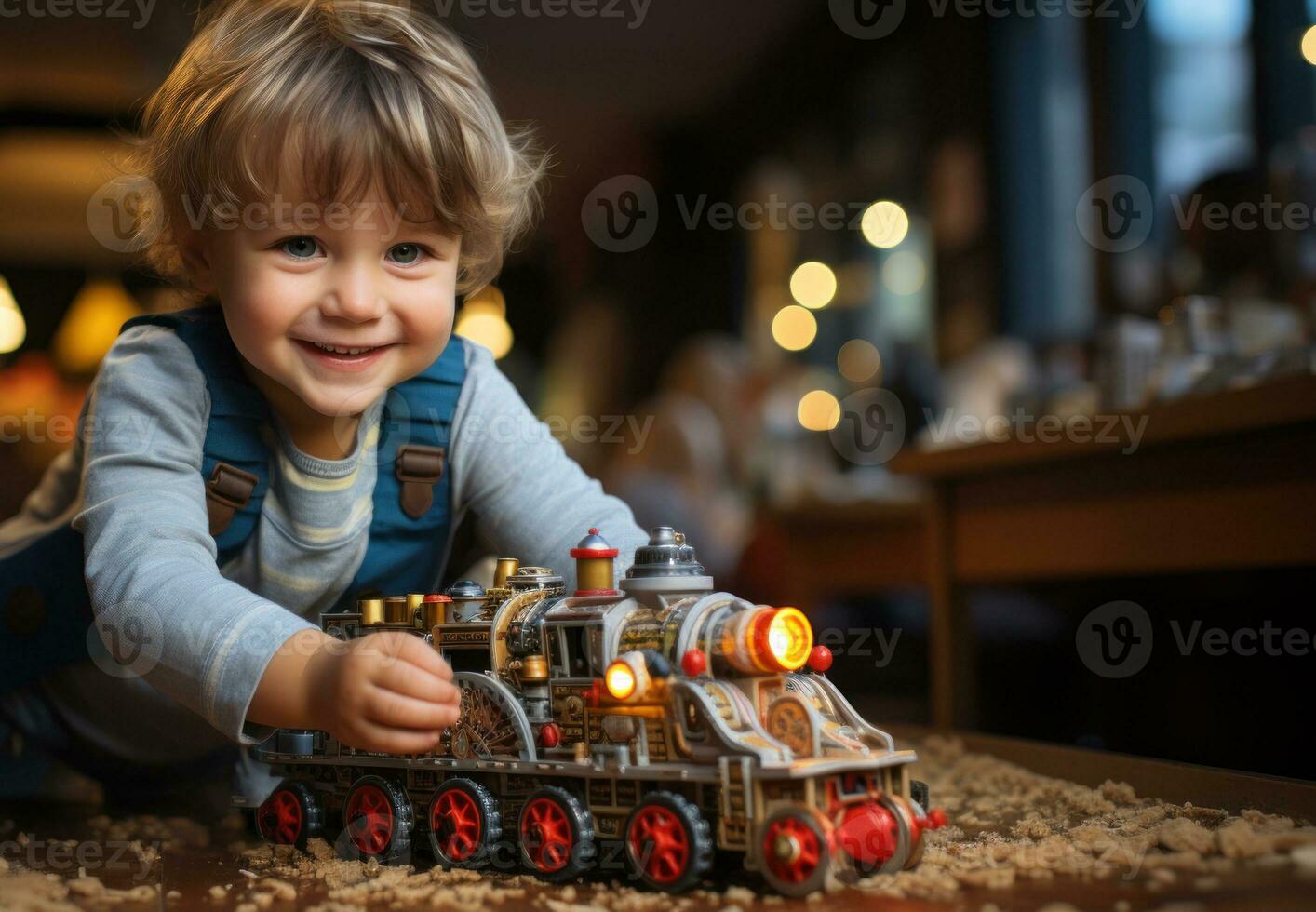 Little boy playing with a toy train. Generative AI photo