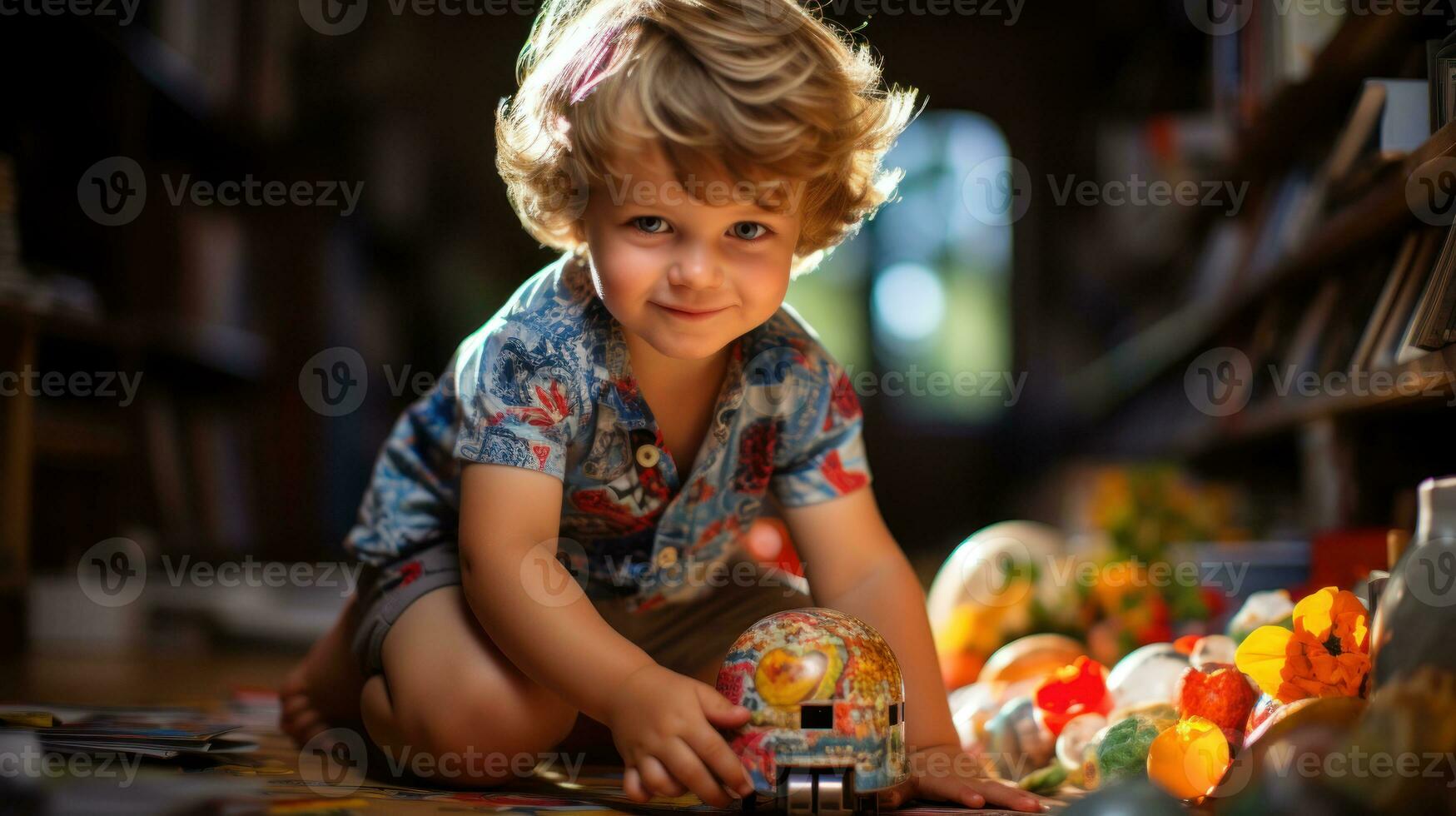 pequeño chico jugando con un juguete tren. generativo ai foto