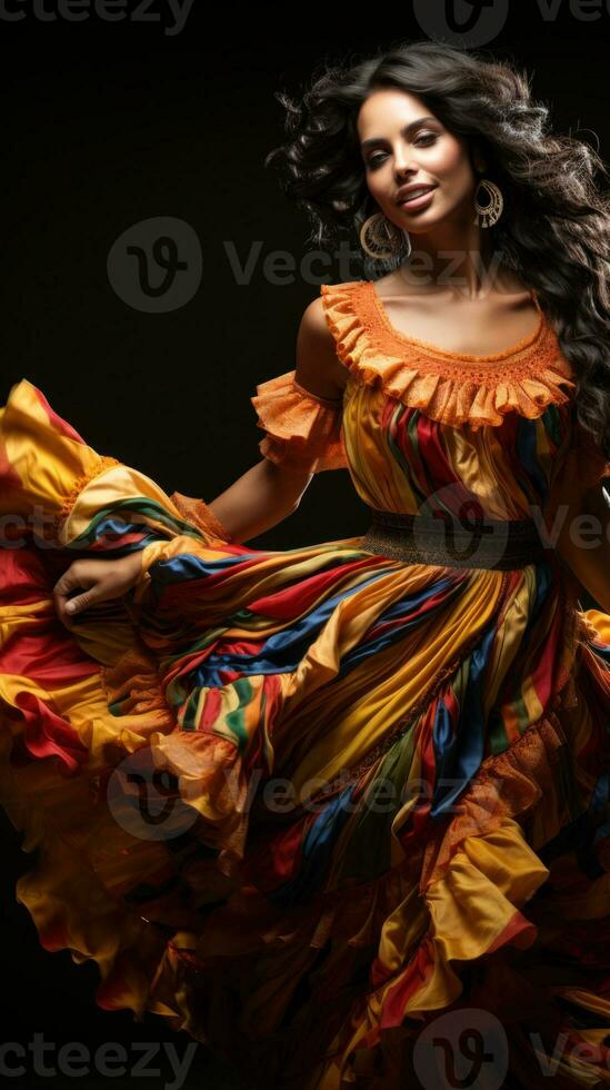 Dancer in a vibrant salsa dress with fringes.. Generative AI photo