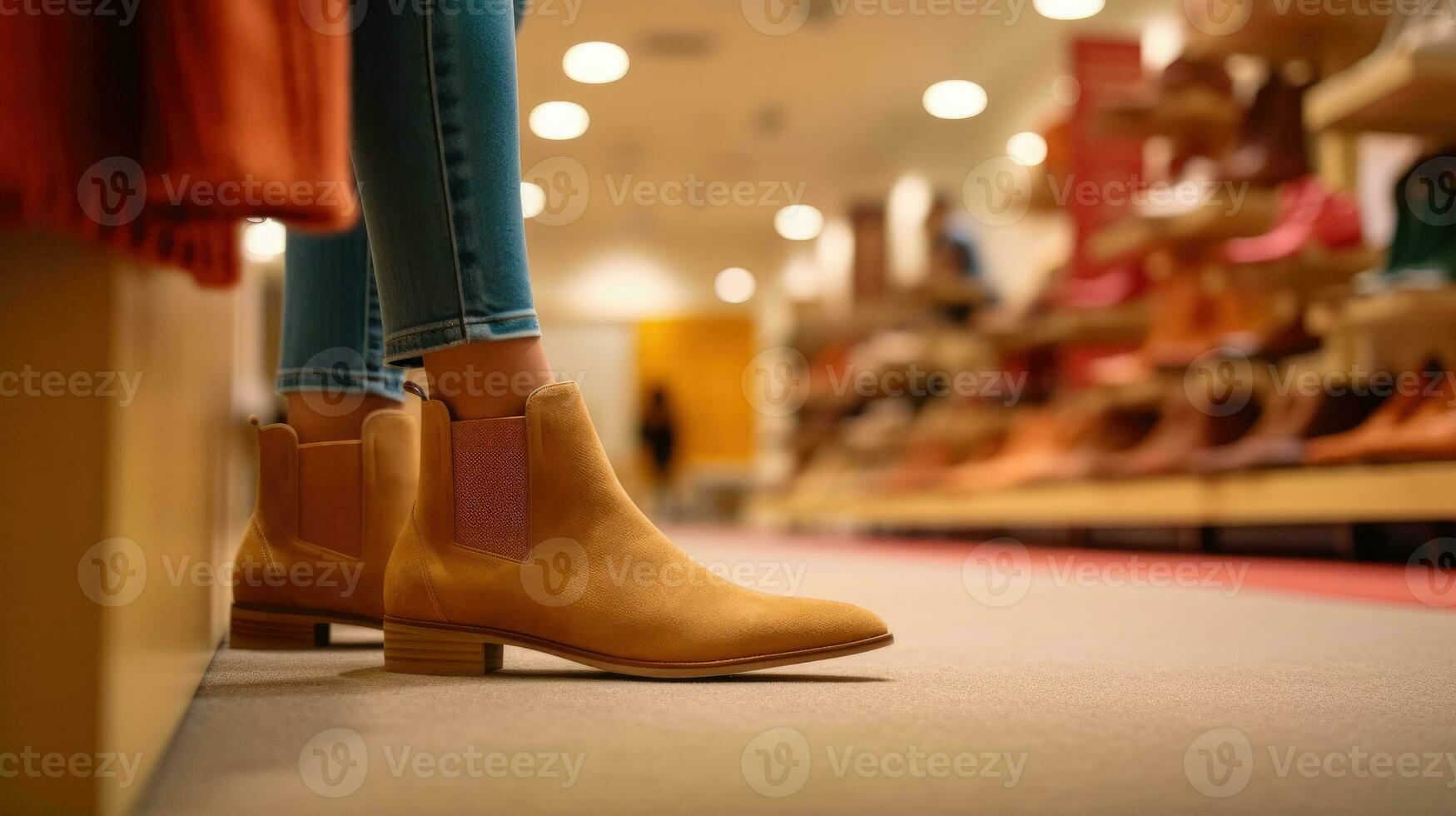 A woman shopping for winter boots. Generative AI photo