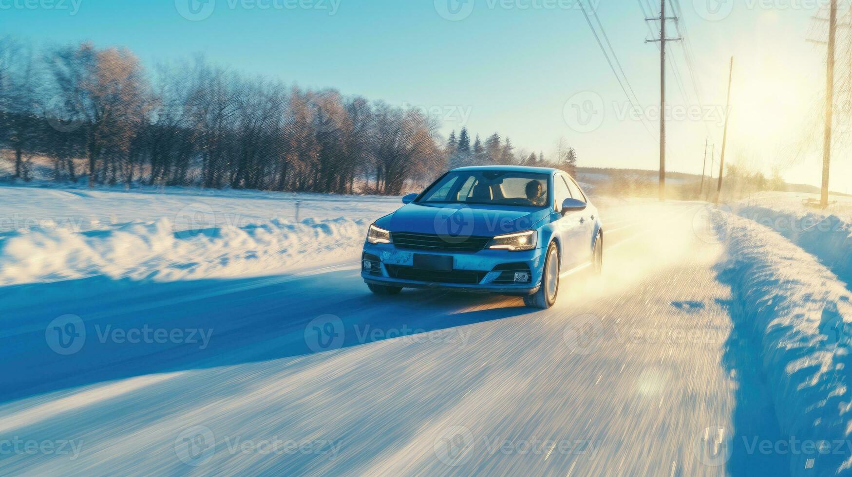 Car driving on snow covered road. Generative AI photo