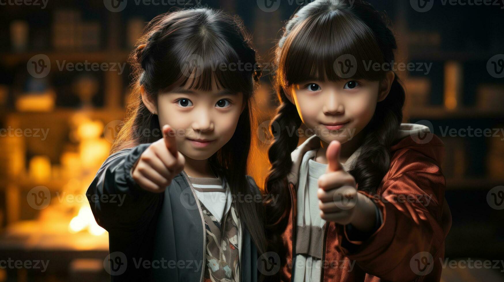2 asian little girls, one pointing across and the other making the okay sign. Generative AI photo