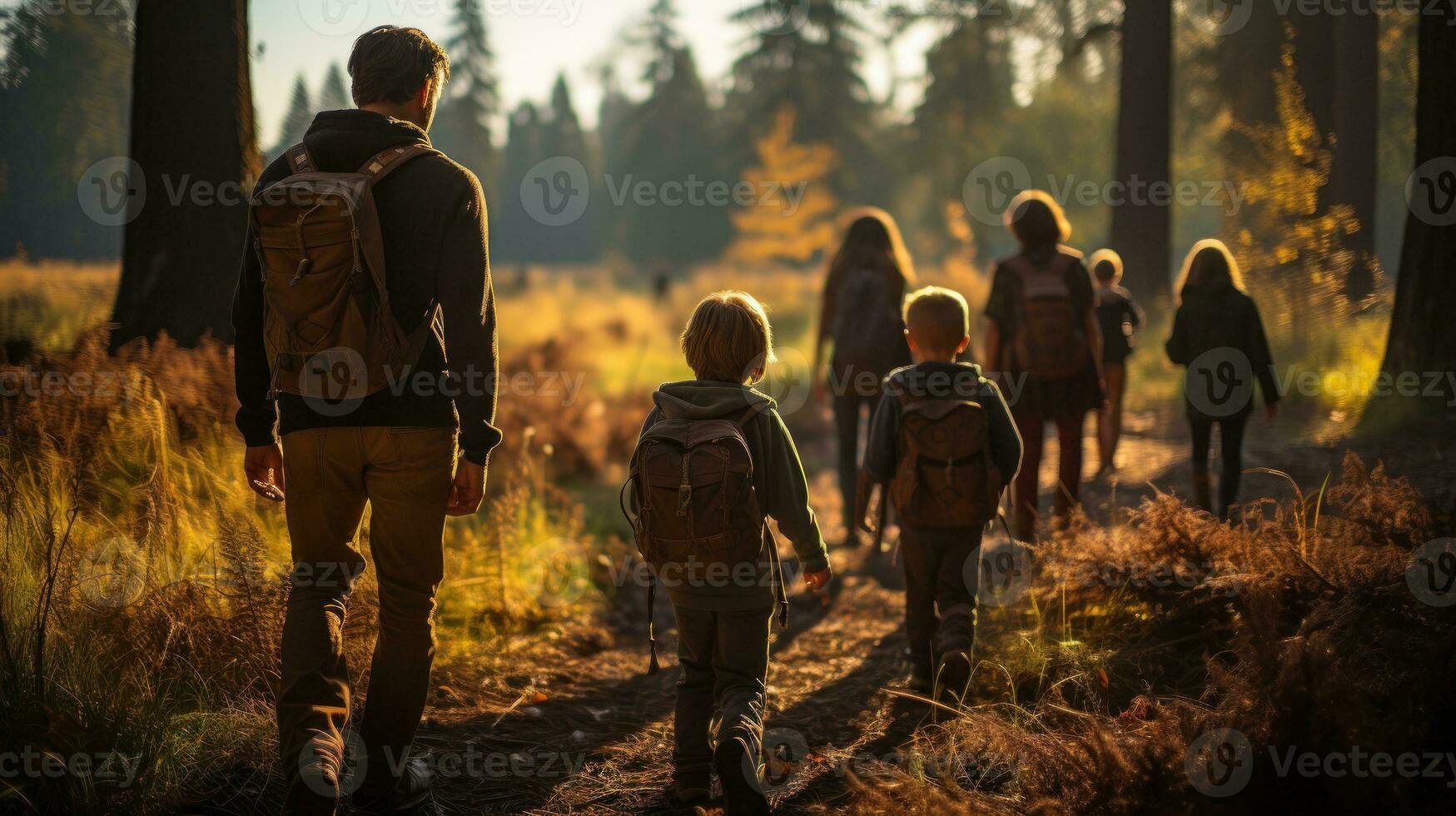 A group of families hiking in the woods. Generative AI photo