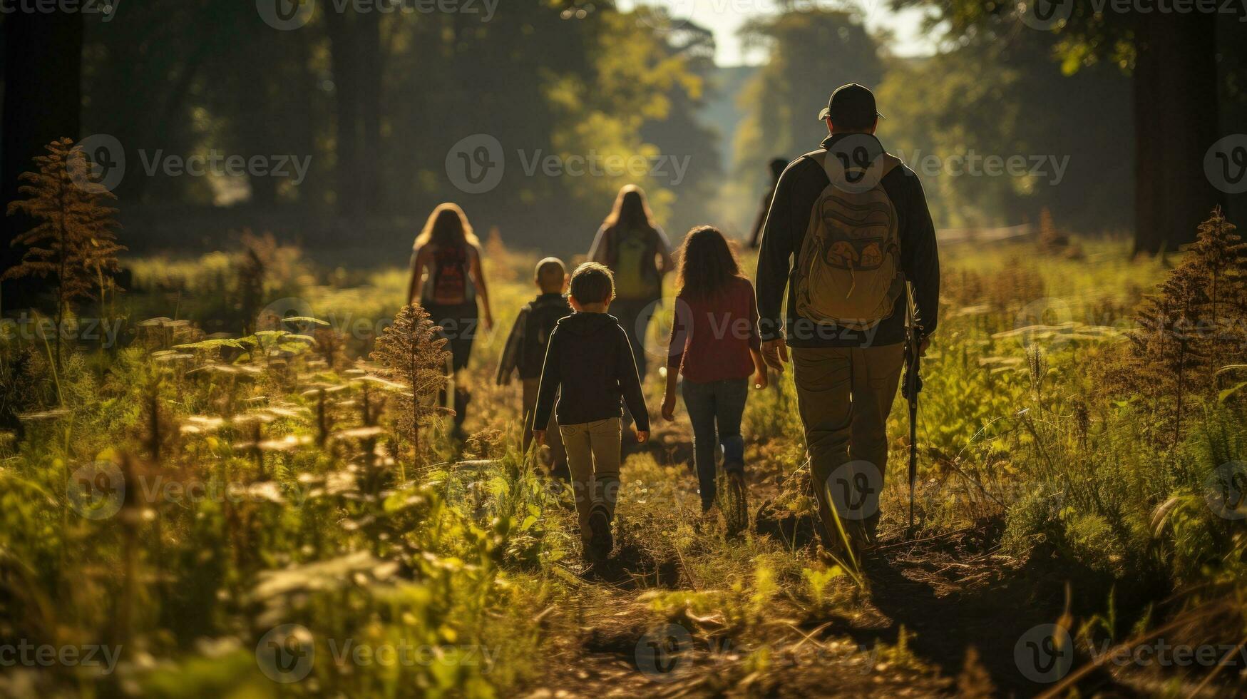 A group of families hiking in the woods. Generative AI photo