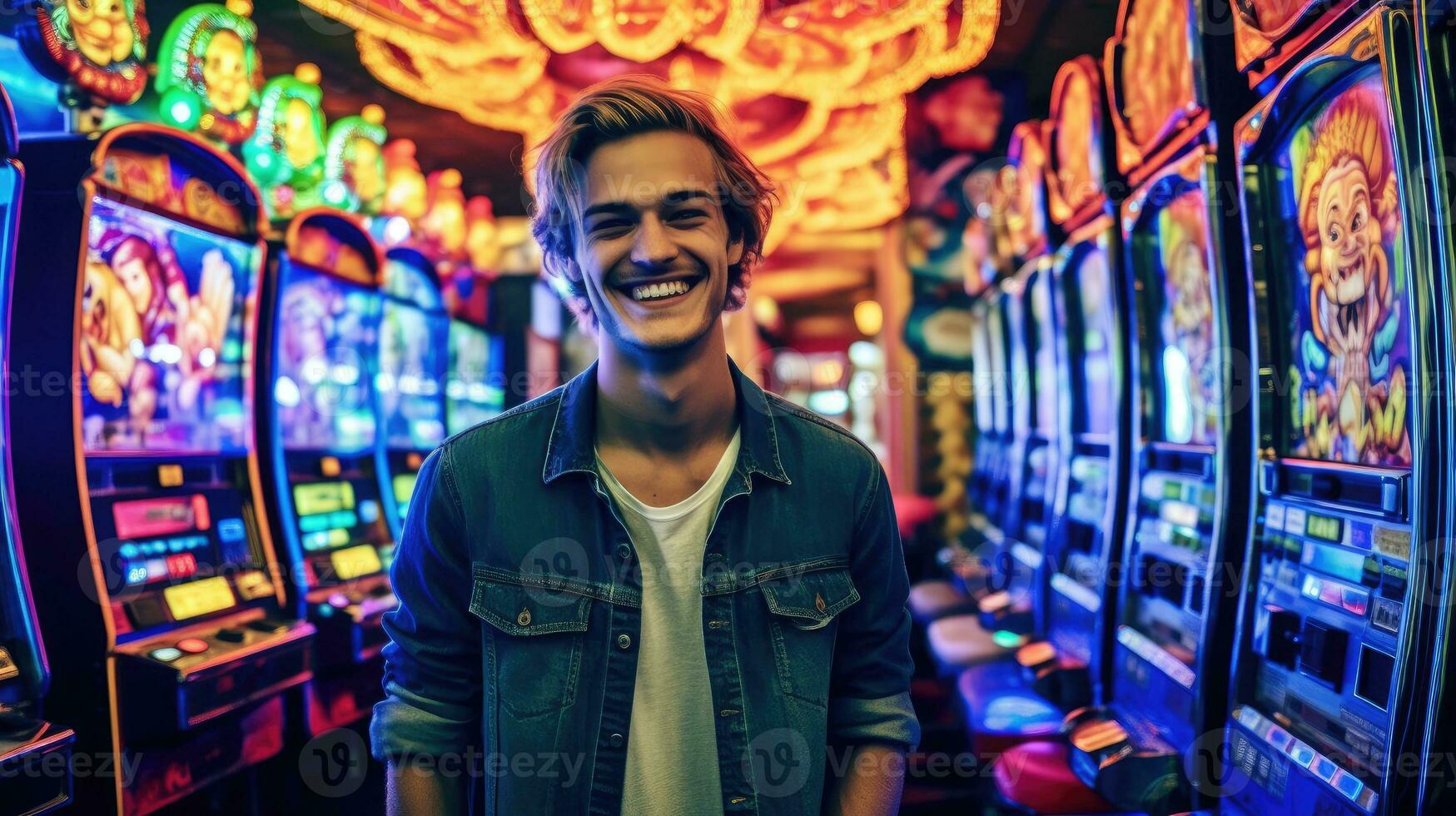 Young man laughing in front of gaming machines in casino. Generative AI photo