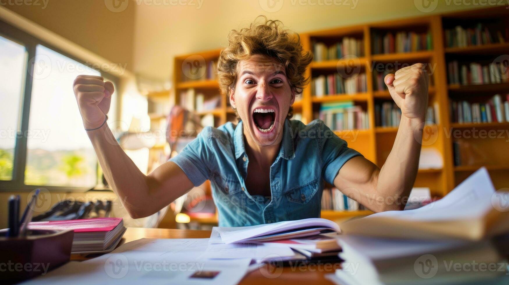 Young man raising his hands rejoicing that he passed the exam in his room. Generative AI photo