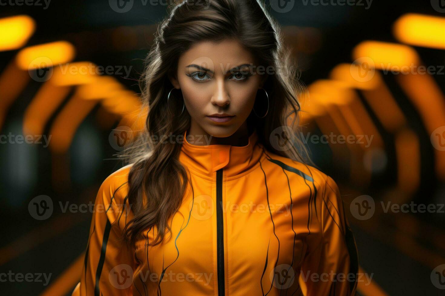Female model in a retro-futuristic tracksuit with glowing lines.. Generative AI photo